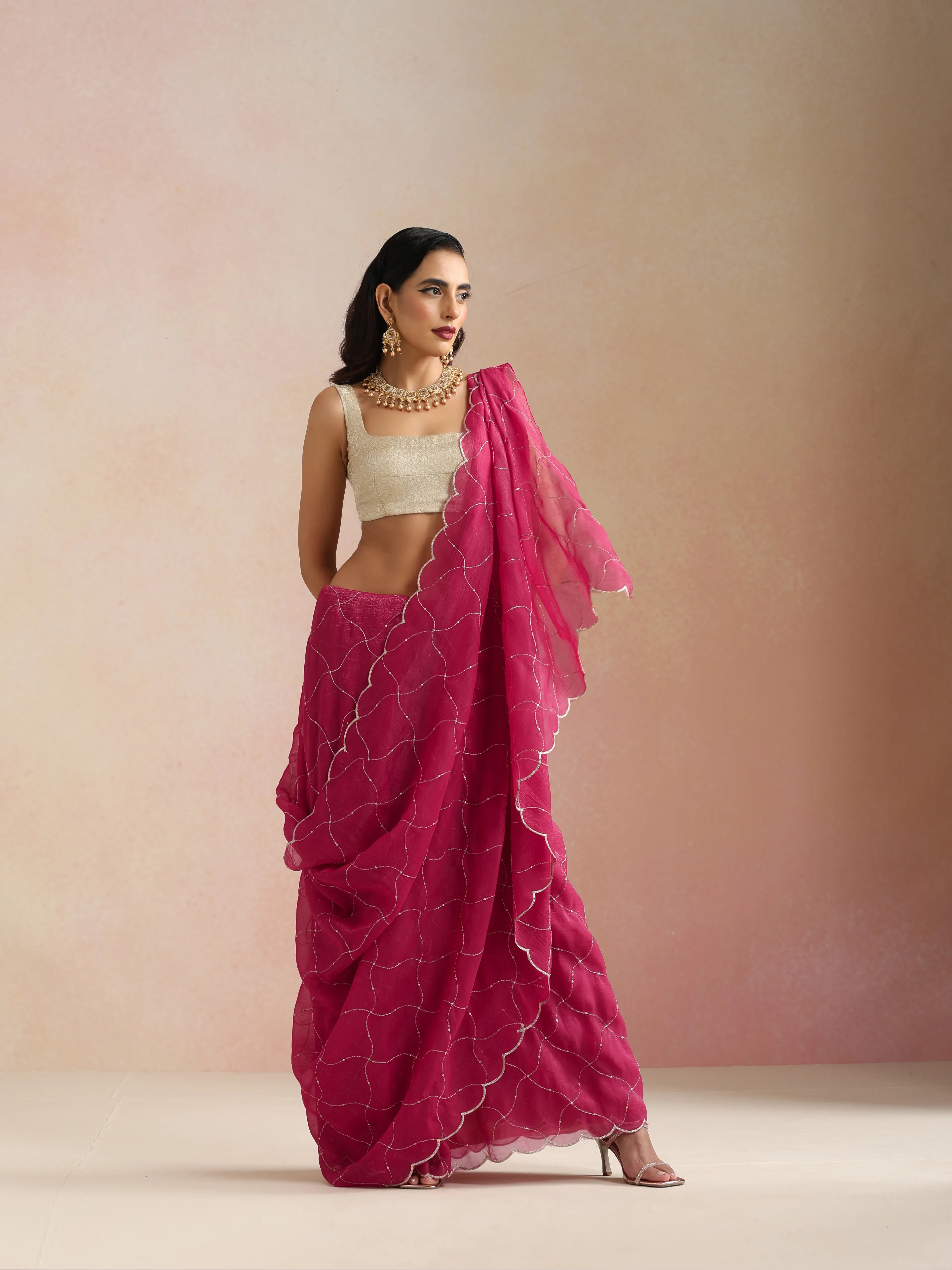 trueBrowns Pink Zari Jaal Embroidered Saree With Unstitched Blouse