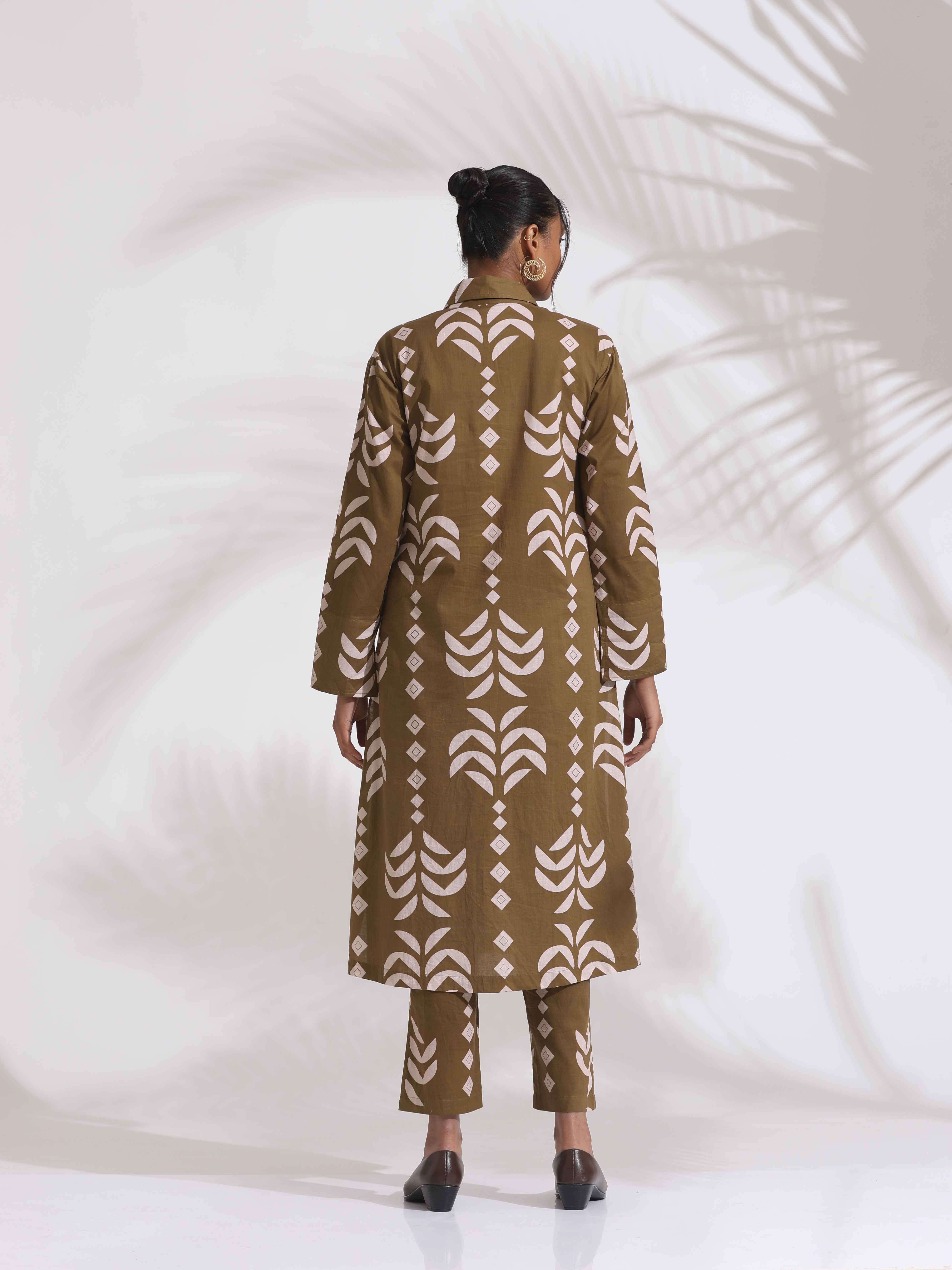 trueBrowns Olive Green Cotton Stripe Print Shirt Kurta Set