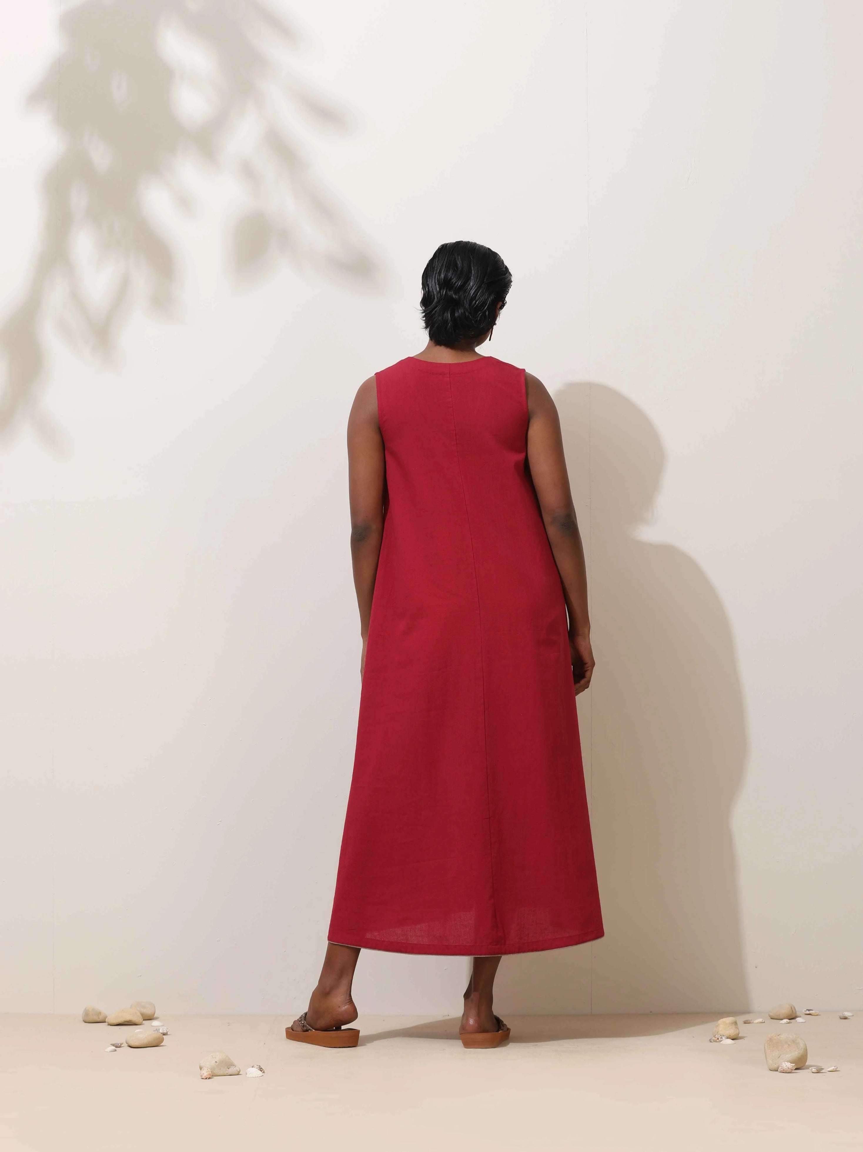 trueBrowns Maroon Cotton Linen Dress