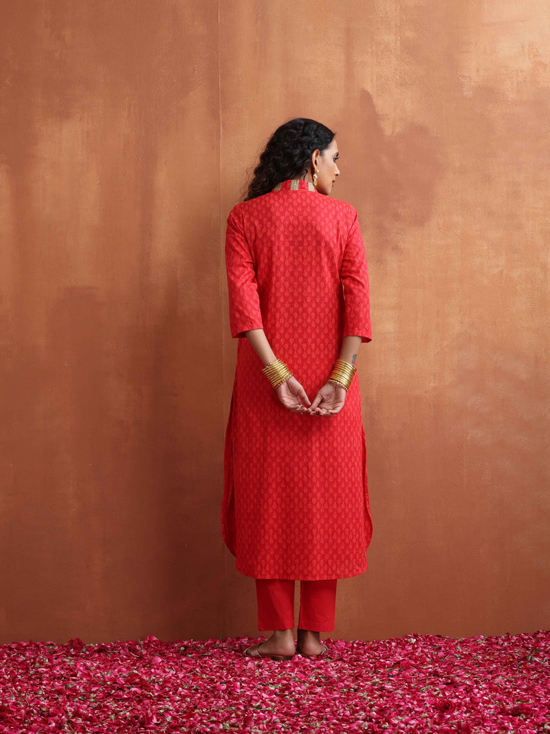 trueBrowns Red Print A-line Kurta Set