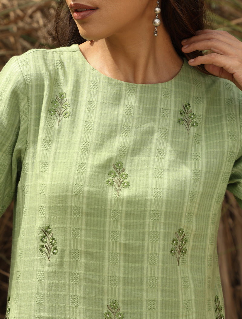 trueBrowns Green Cotton Dobby Embroidered Kurta Set