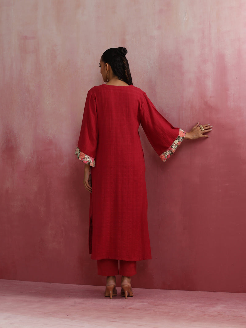 trueBrowns Red Straight Cotton Dobby Kurta Set