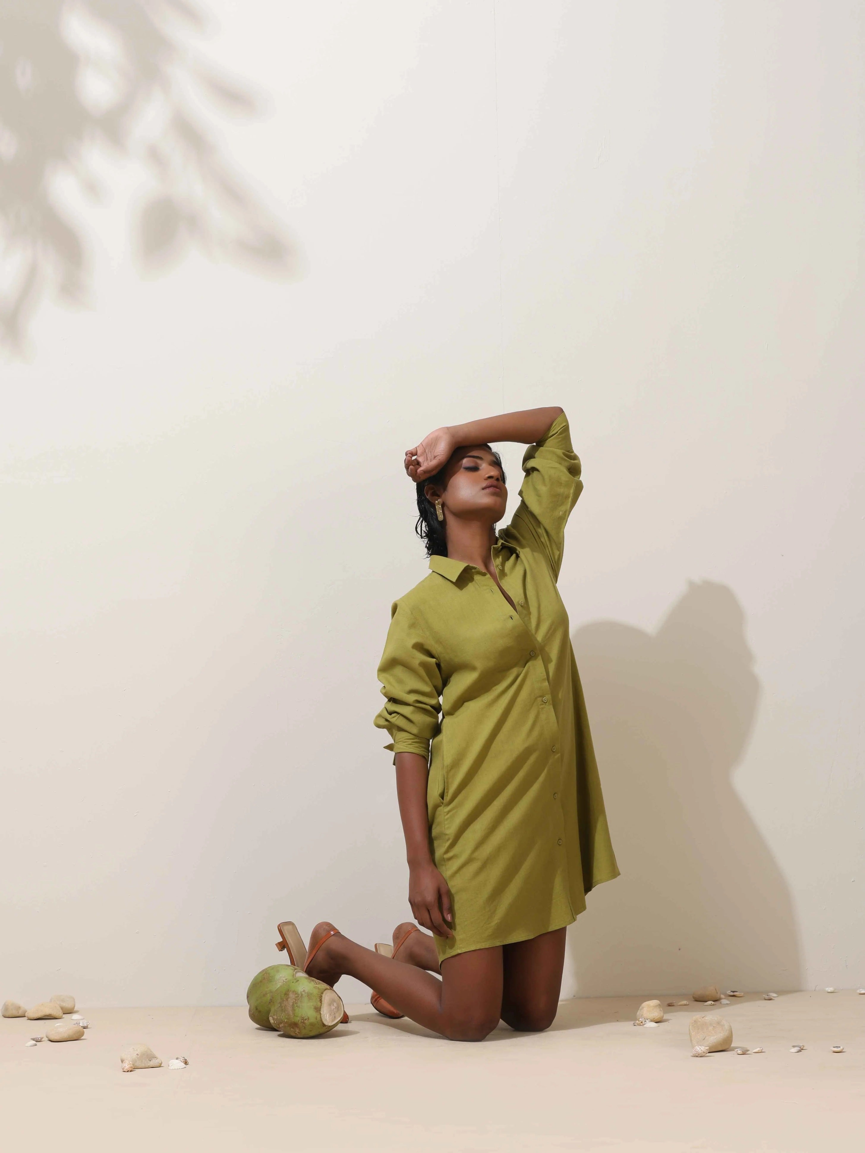 trueBrowns Pear Green Cotton Linen Dress