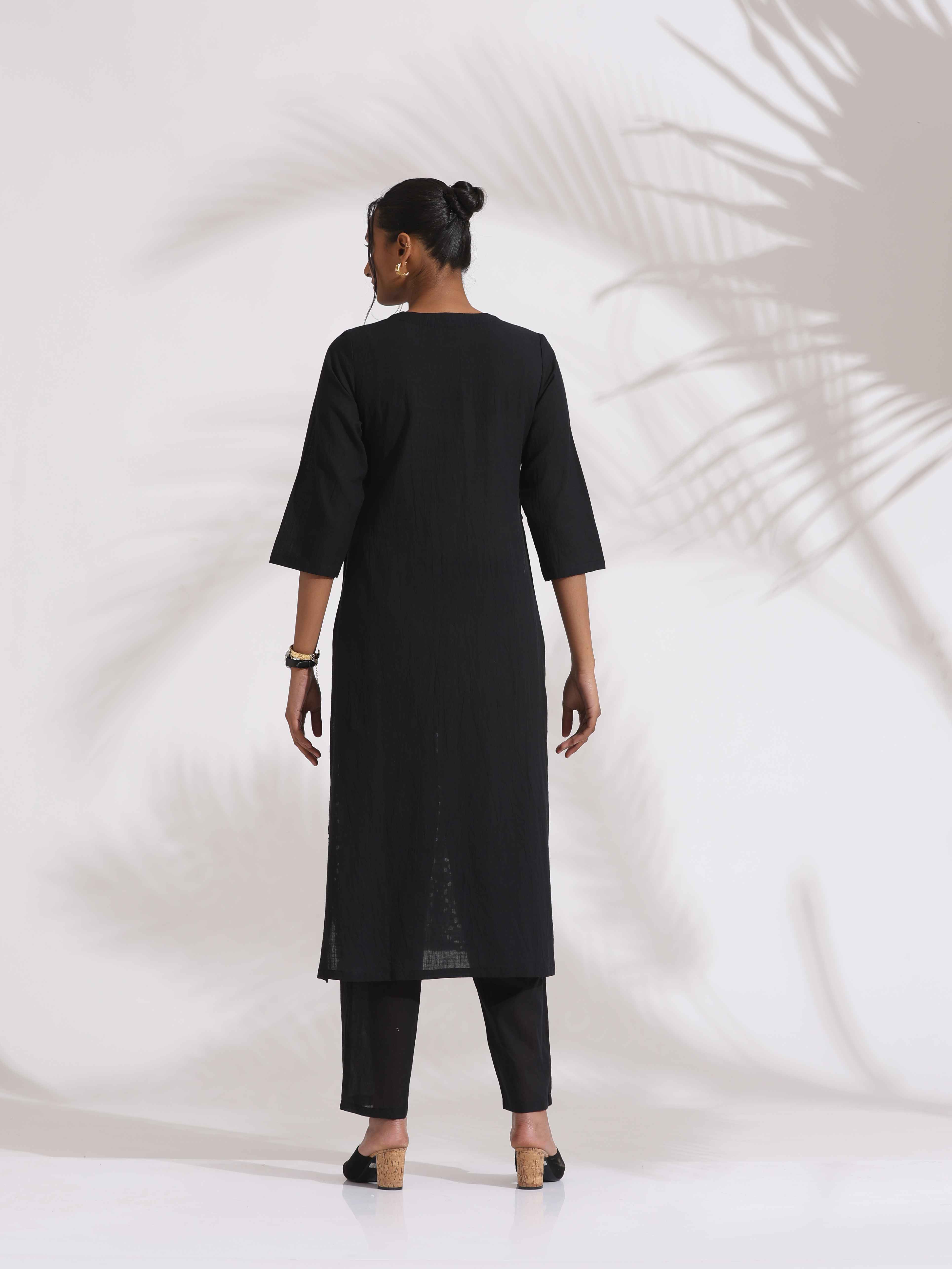 trueBrowns Black Cotton Schiffli Kurta Set