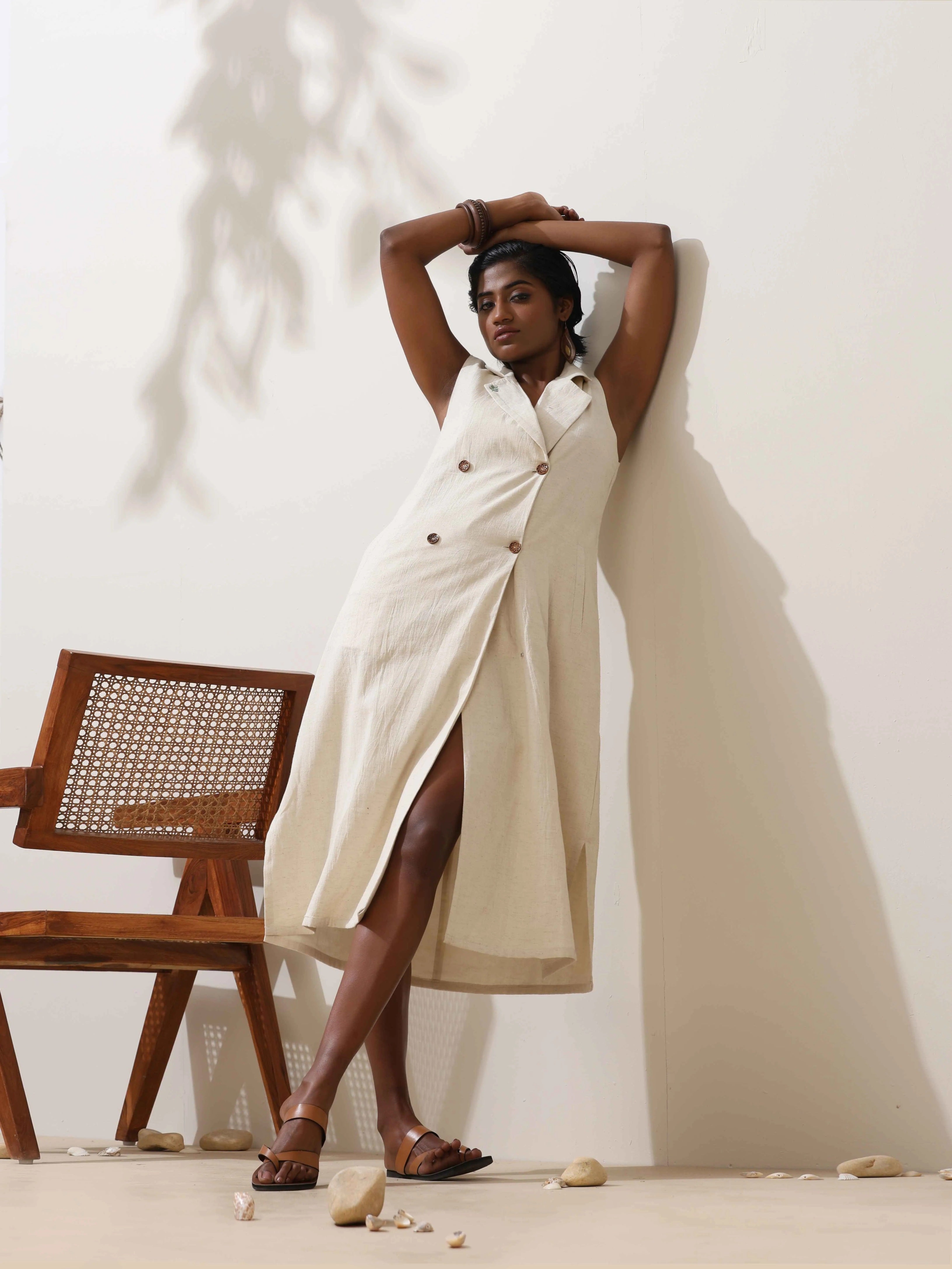 trueBrowns Off-White Cotton Linen Dress