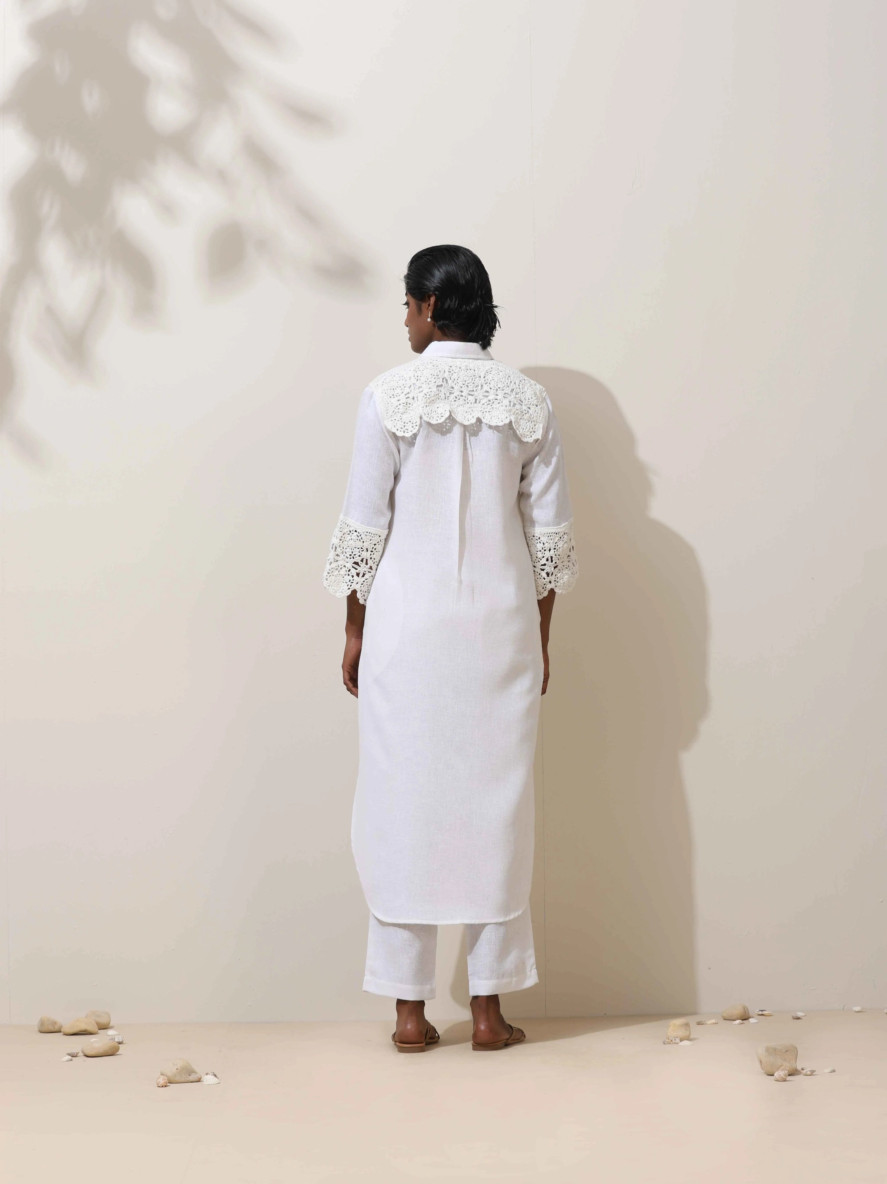 trueBrowns Luna White Crochet Natural Cotton Kurta Pant Set