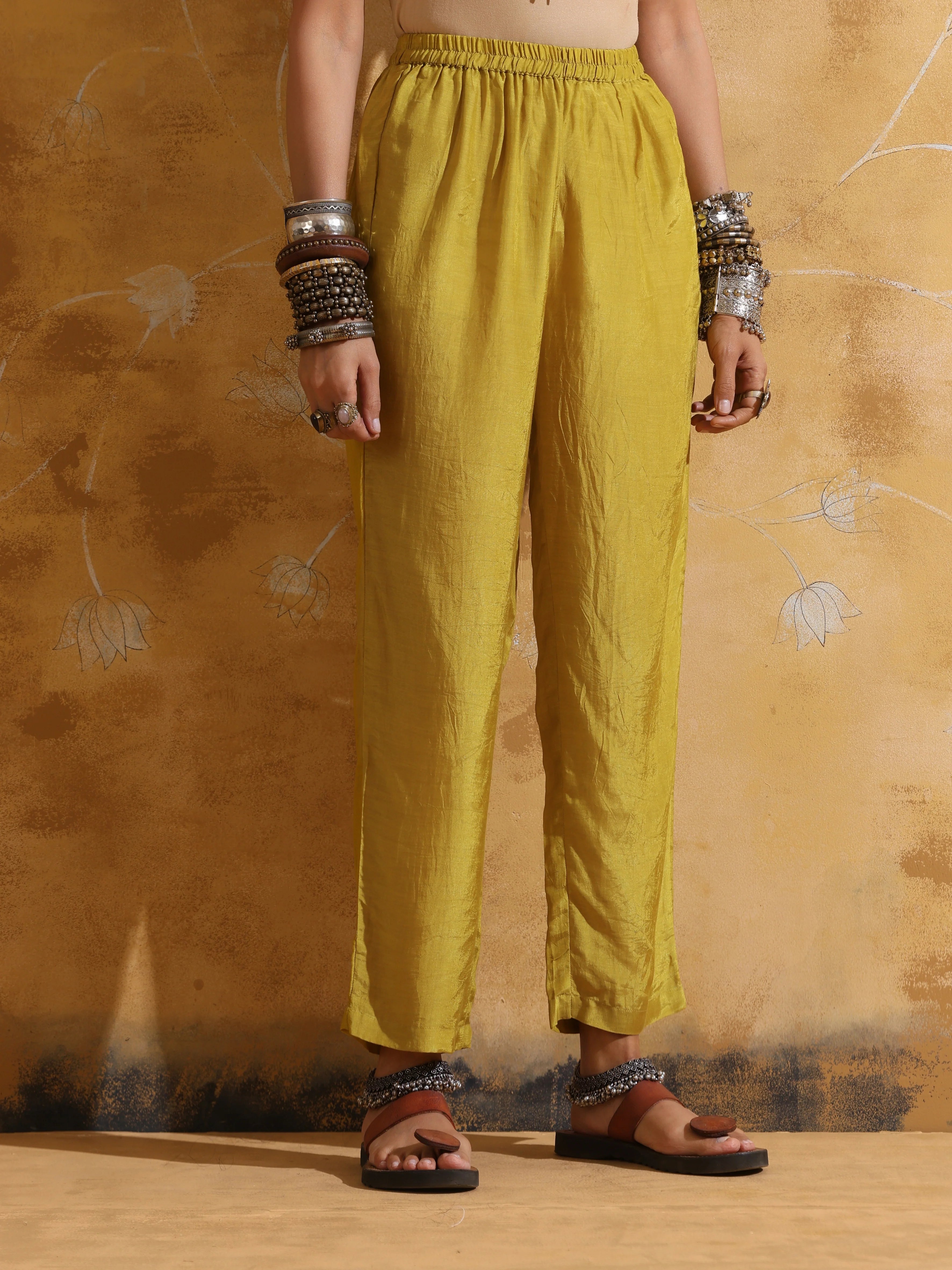 trueBrowns Lime Muslin Silk Angrakha Kurta Pant Set
