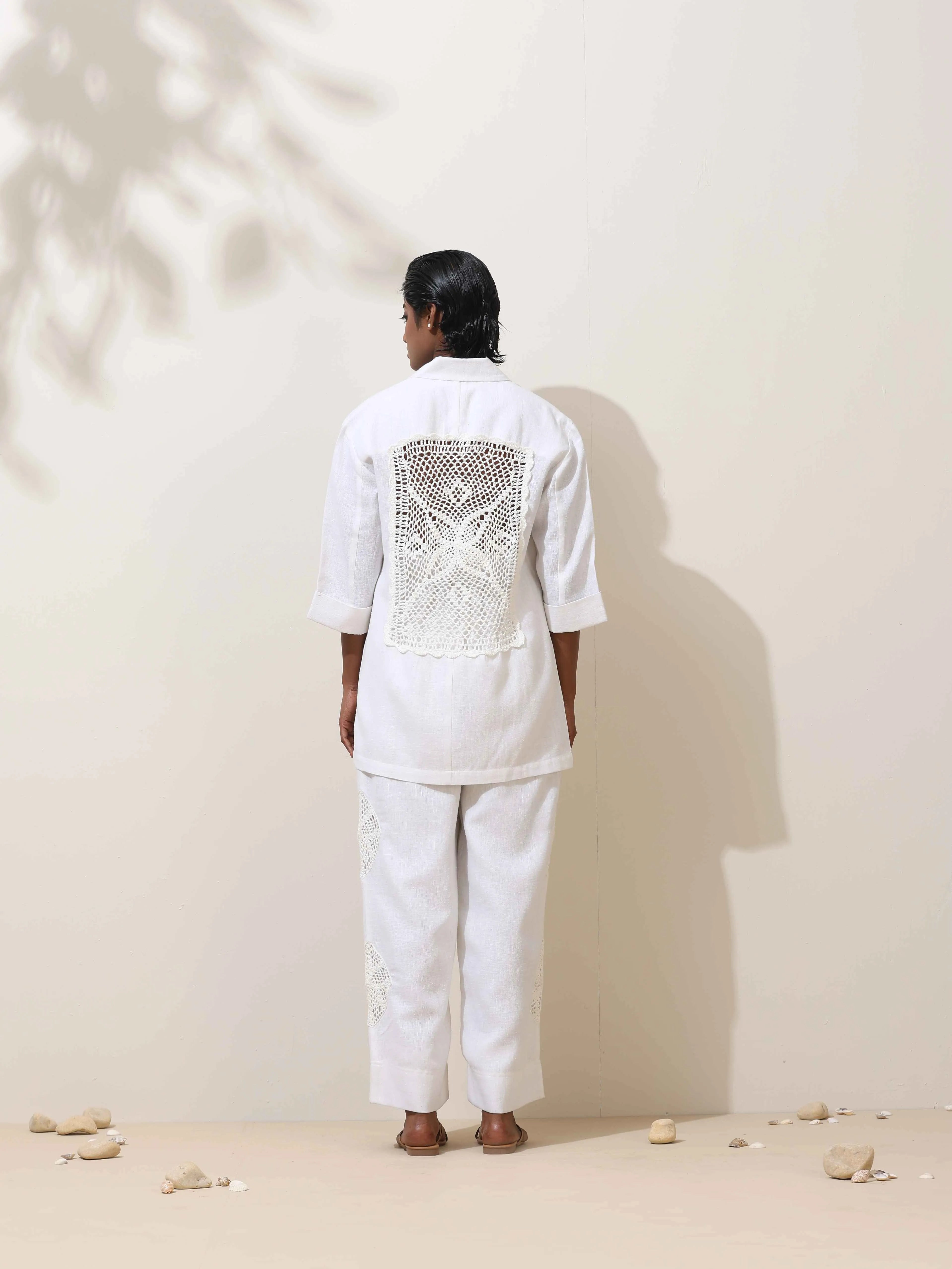 trueBrowns Indus White Crochet Natural Cotton Blazer Co-ord Set