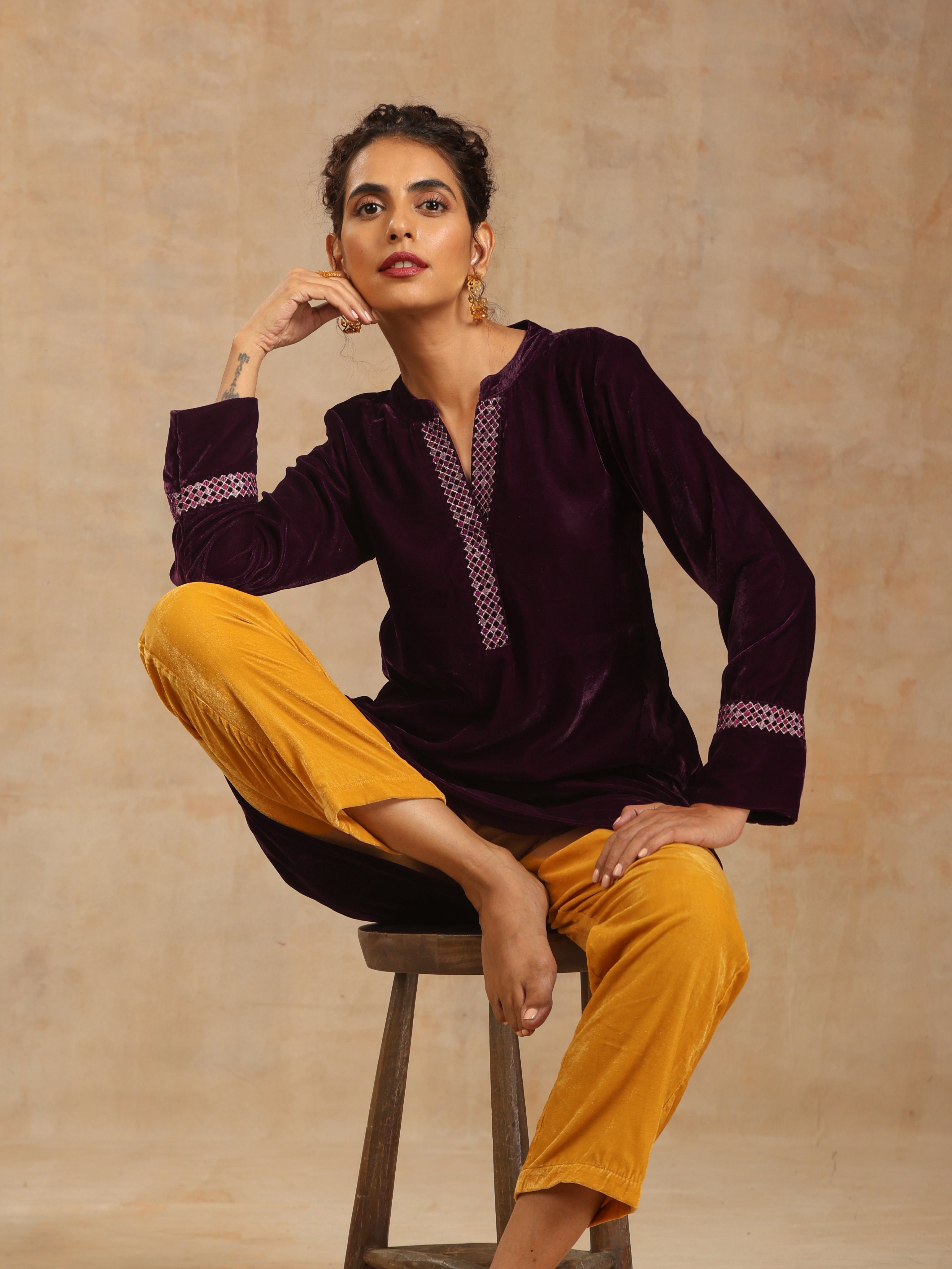 trueBrowns Wine Velvet Placket Embroidered Co-ord Set