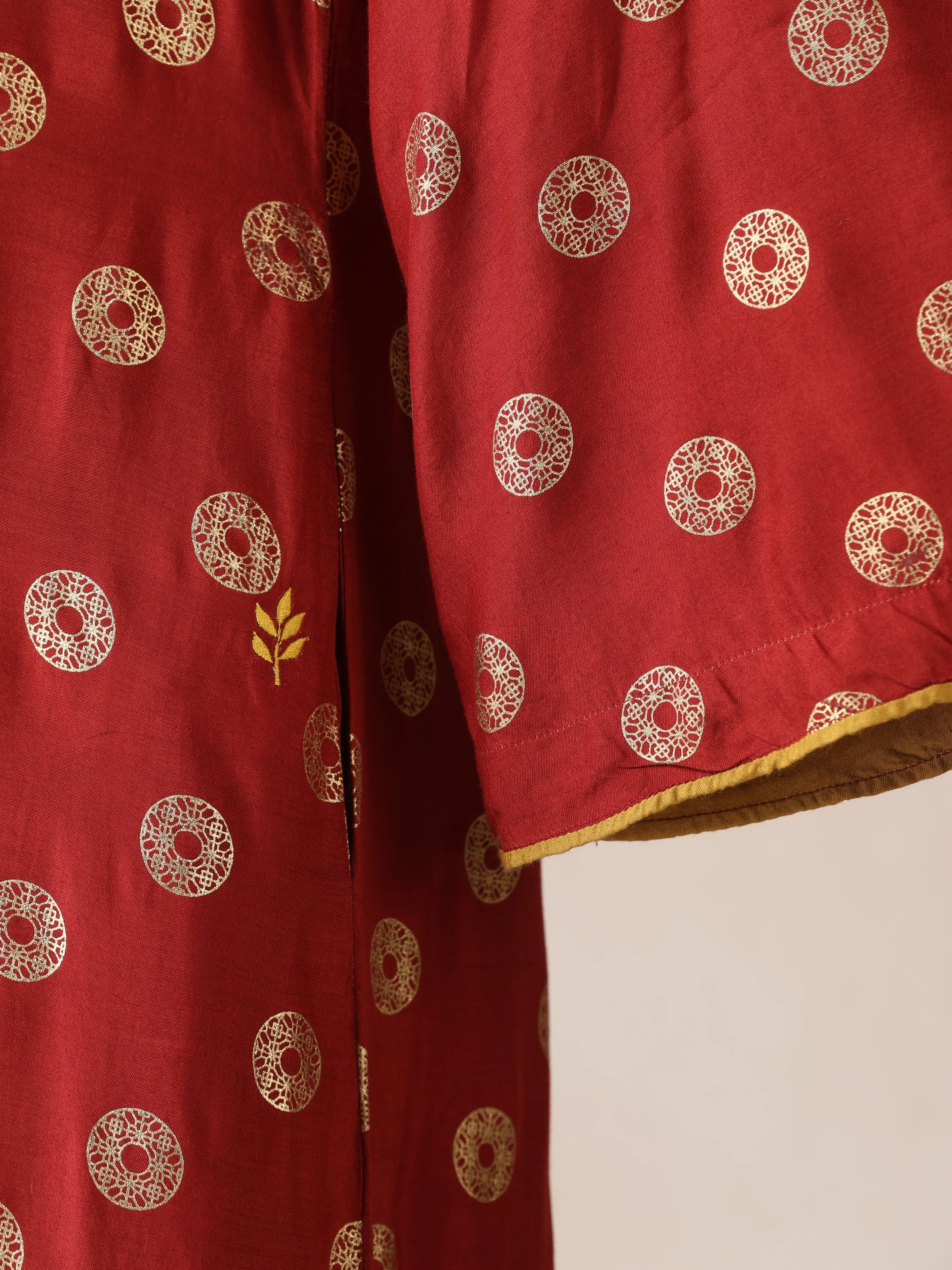 trueBrowns Red Gold Foil Print Muslin Silk A-line Kurta Set