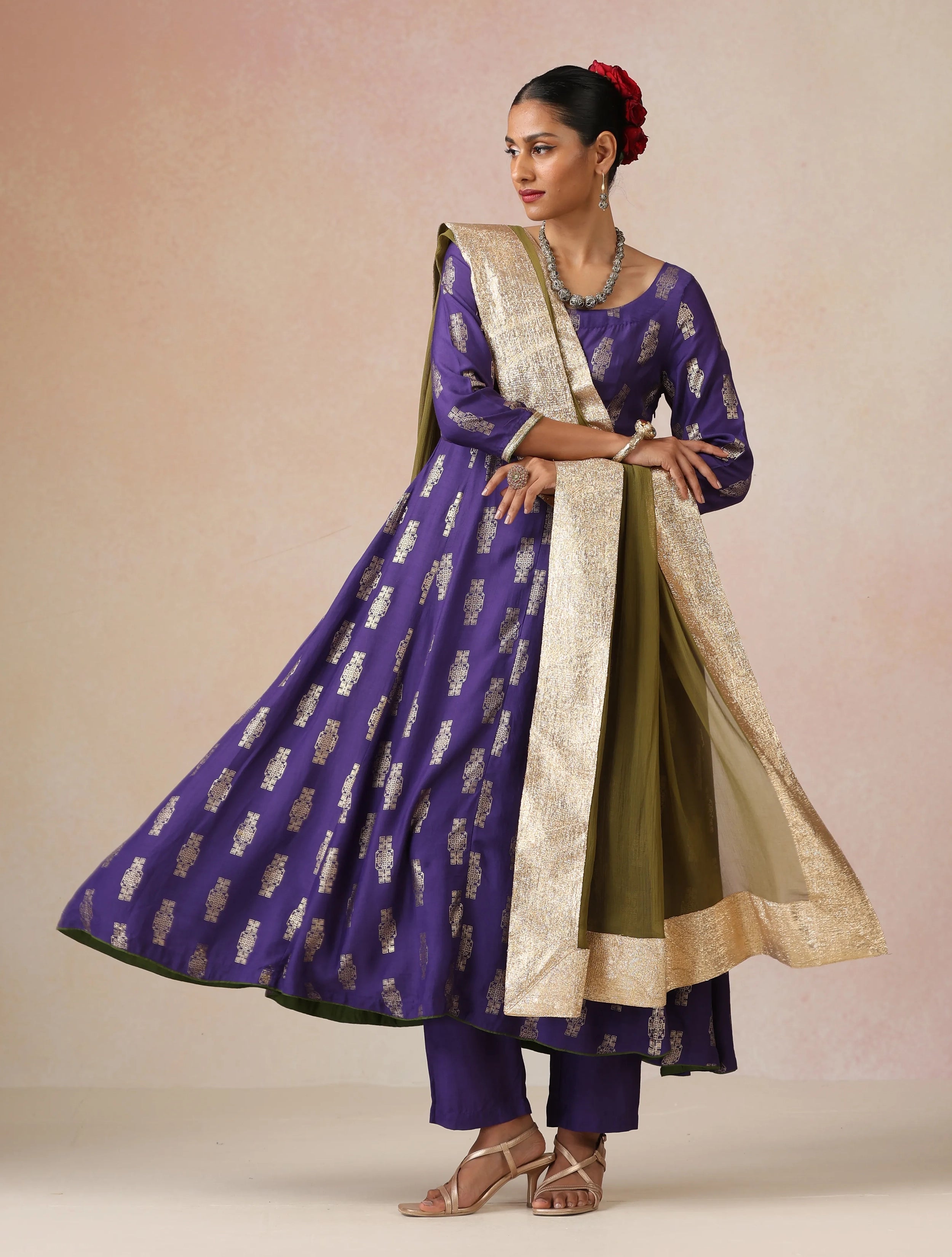 trueBrowns Purple Gold Foil Print Muslin Silk Anarkali Kurta Pants Dupatta Set