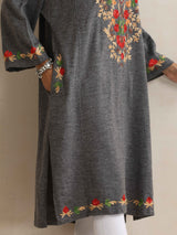 trueBrowns Grey Kashmiri Embroidered Woollen Phiran Kurta