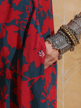 trueBrowns Red Teal Jaal Print Muslin Silk Flared Kurta Set