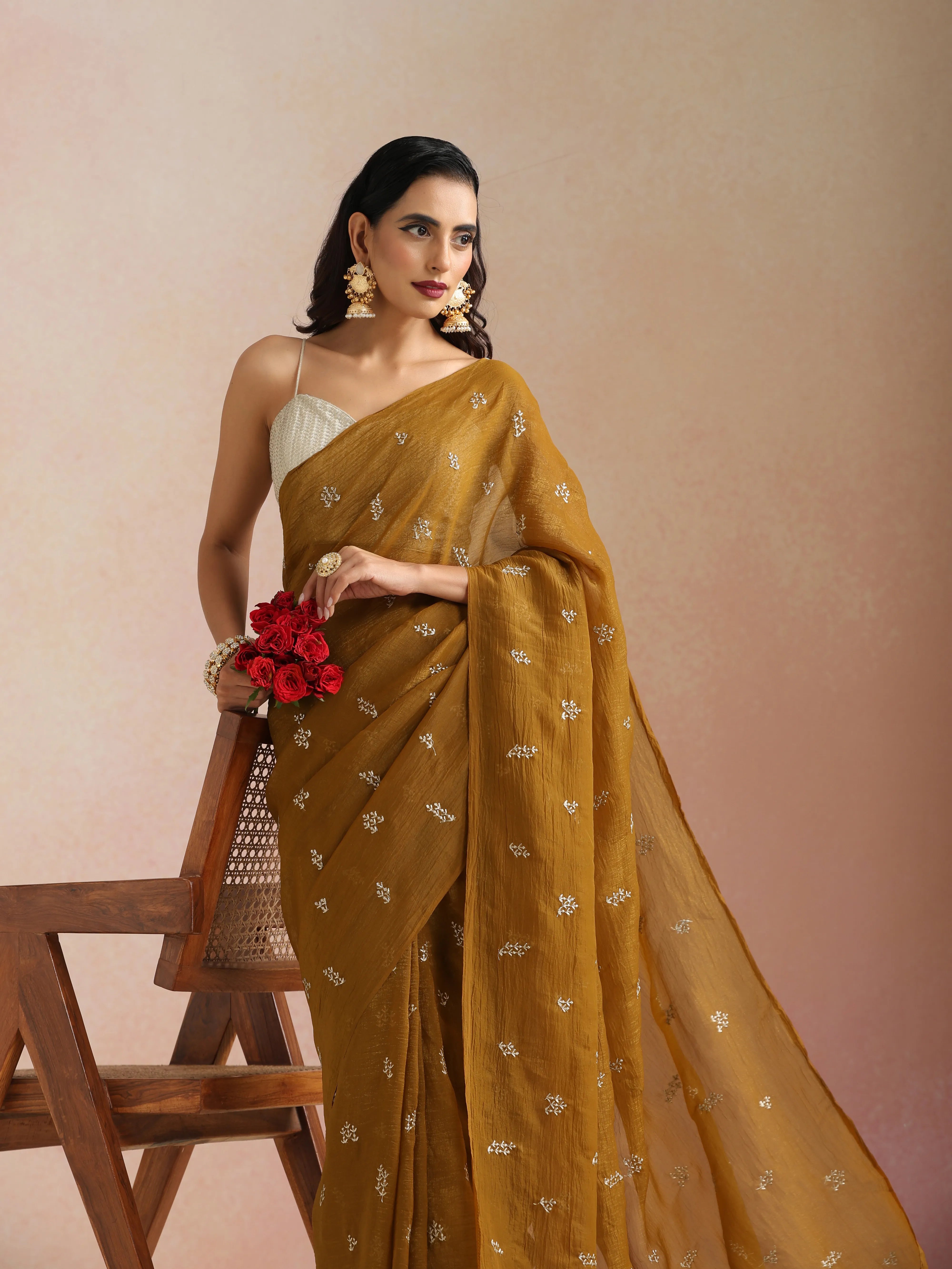 trueBrowns Bronze All Over Embroidered Saree With Unstitched Blouse