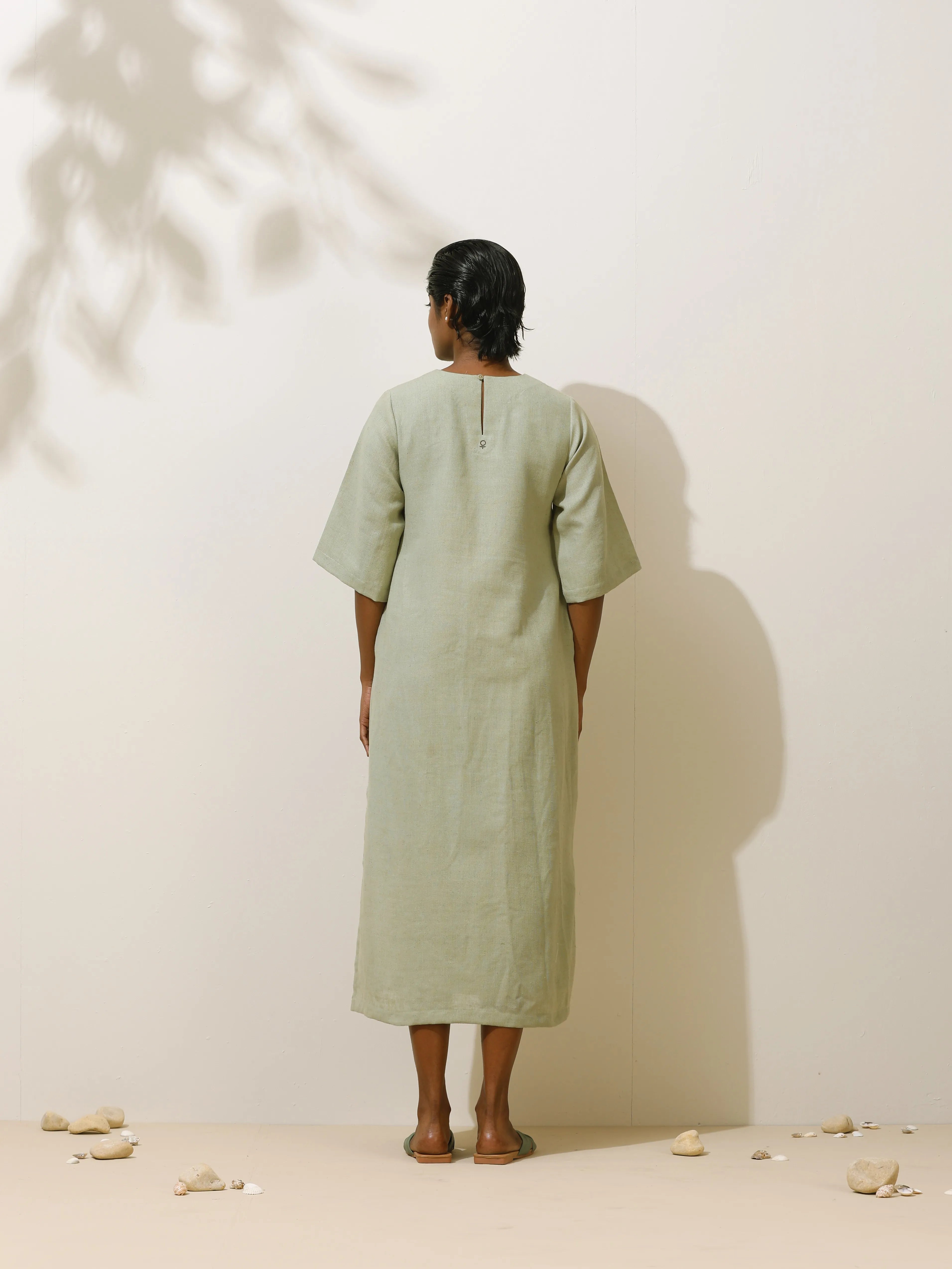 trueBrowns Patcholi Green Embroidered Natural Cotton Dress