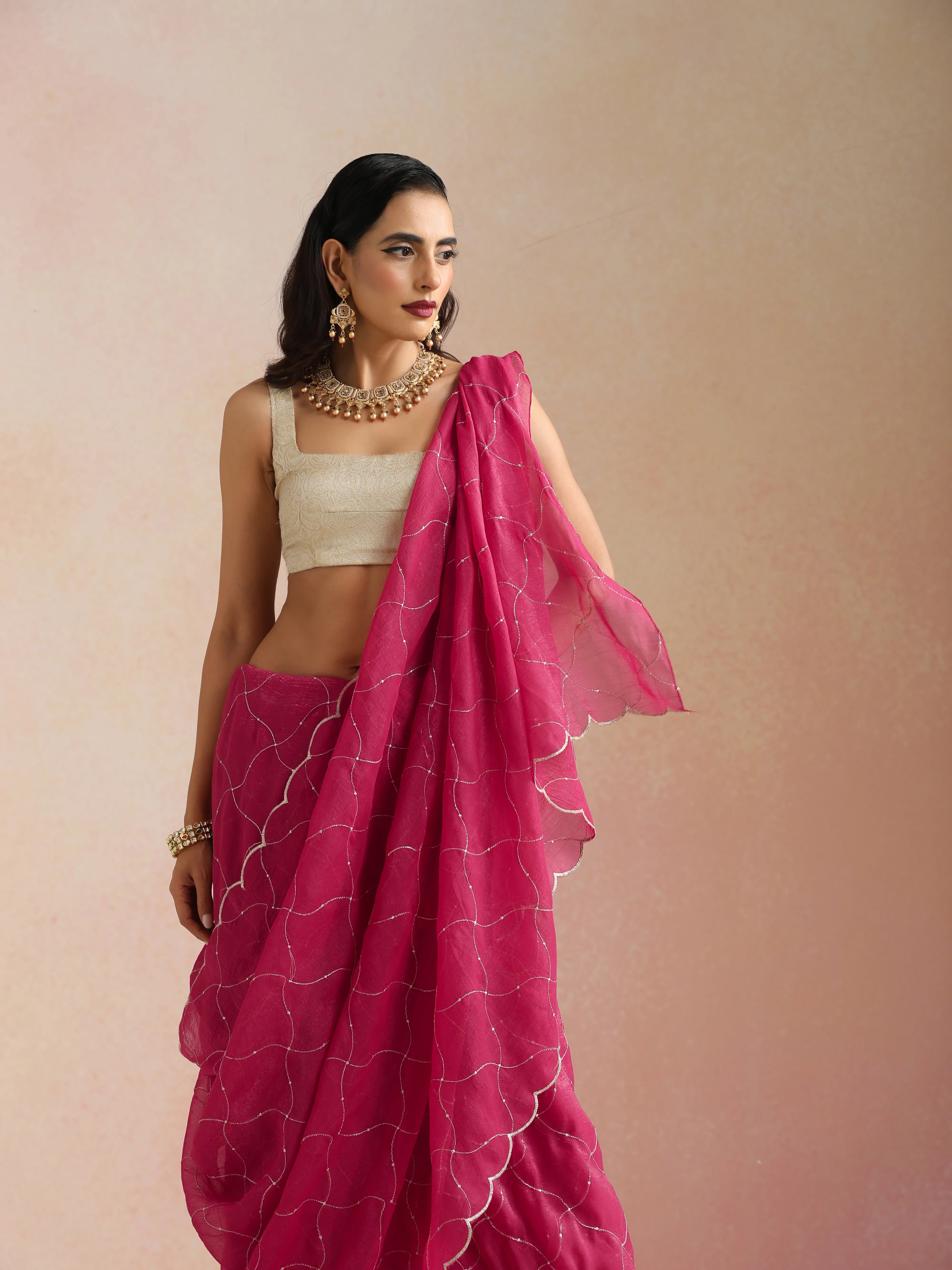 trueBrowns Pink Zari Jaal Embroidered Saree With Unstitched Blouse
