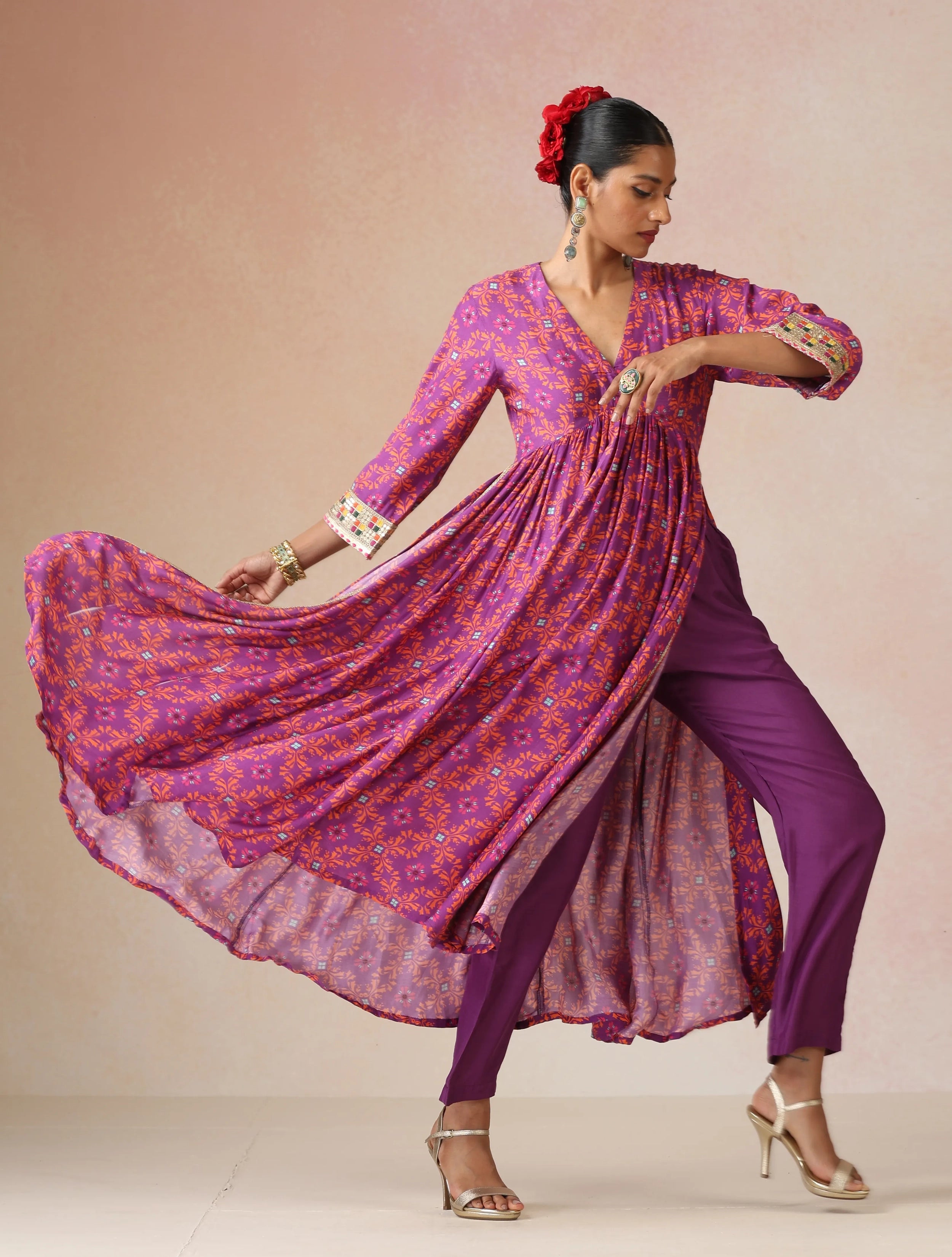 trueBrowns Purple Orange Jaal Print Viscose Anarkali High-Slit Kurta Set