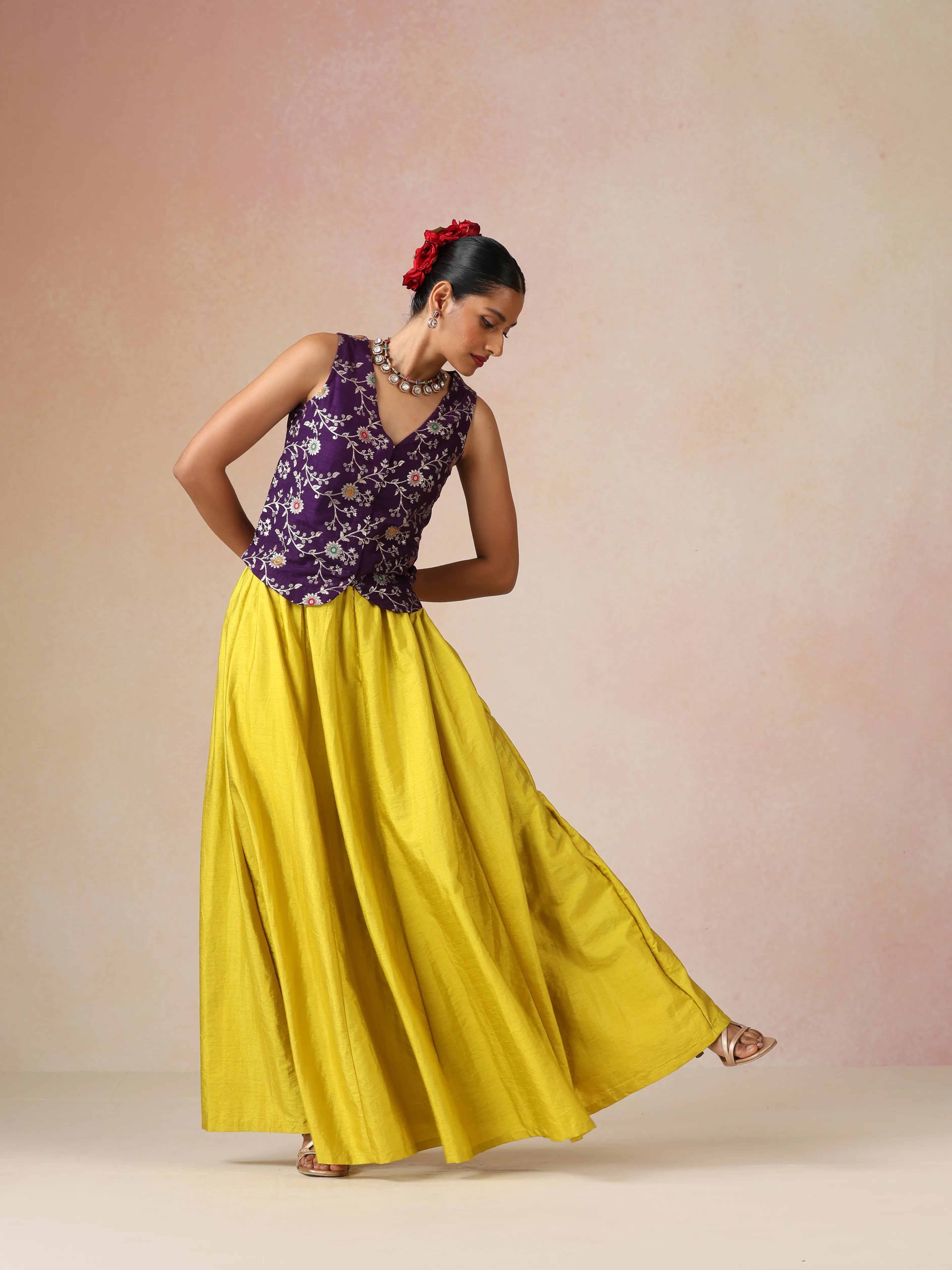 trueBrowns Purple Brocade Jacket Skirt Co-ord Set