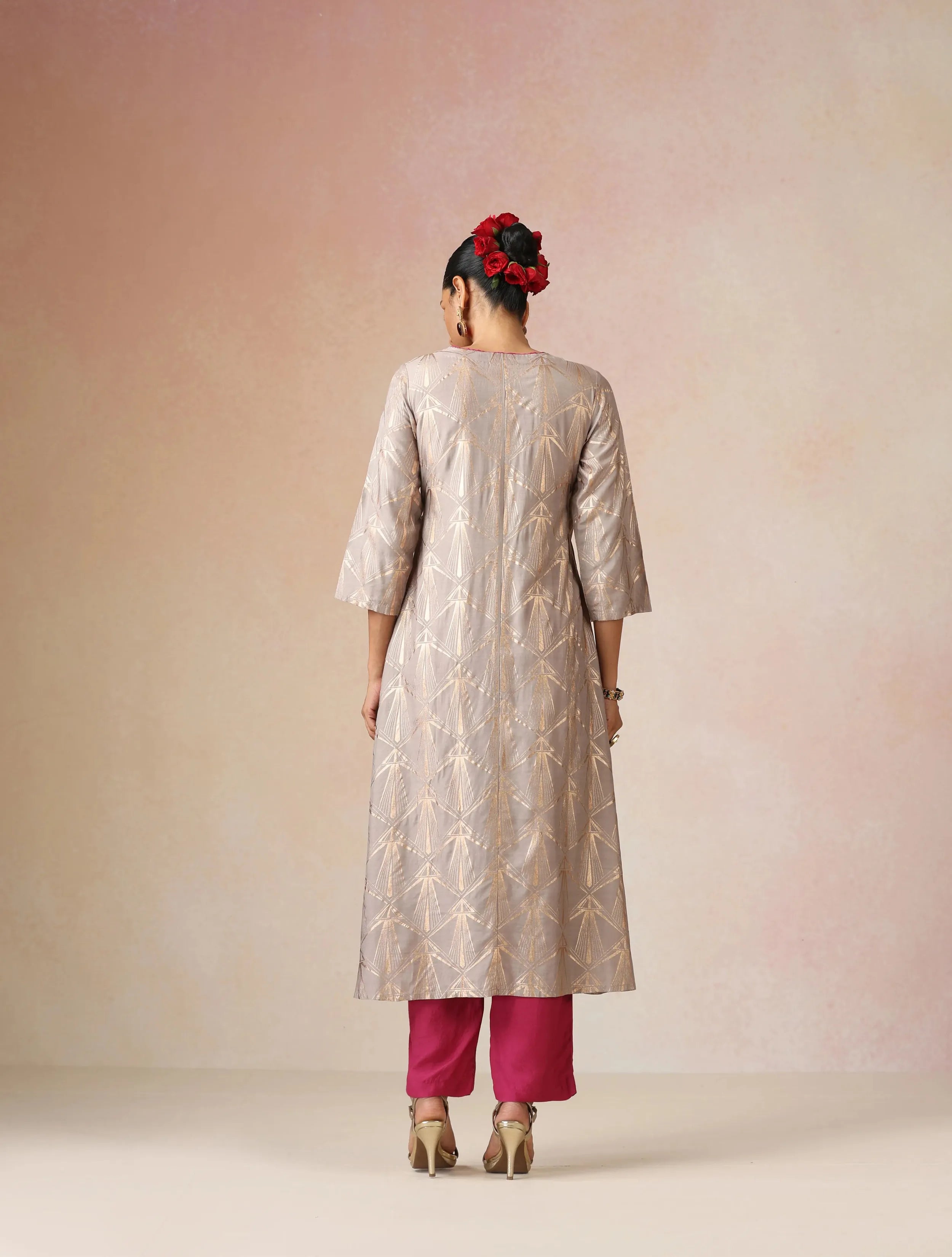 trueBrowns Grey Rose-Gold Foil Print Angrakha Kurta Set