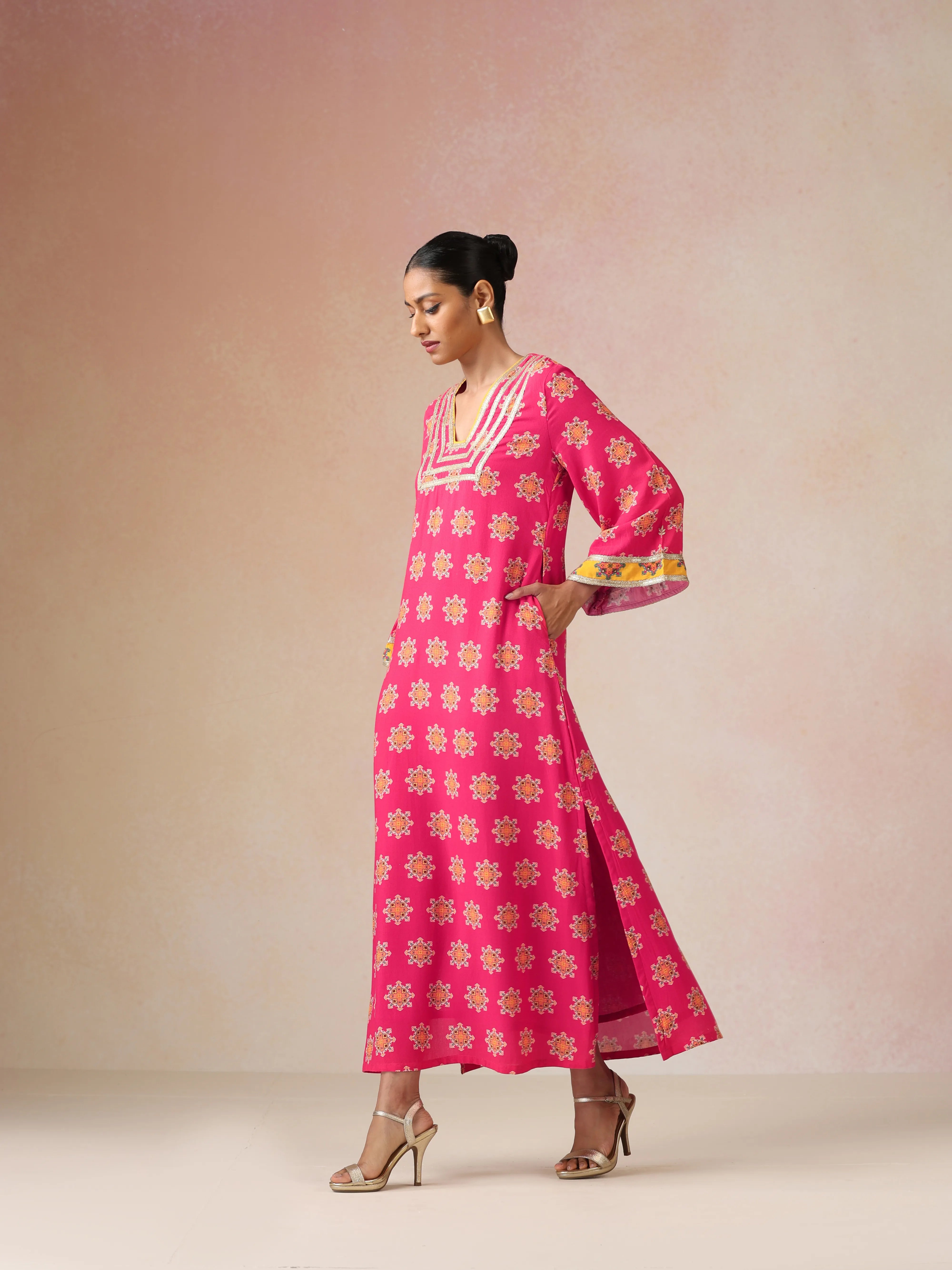 trueBrowns Pink Boota Print Viscose Straight Maxi Dress