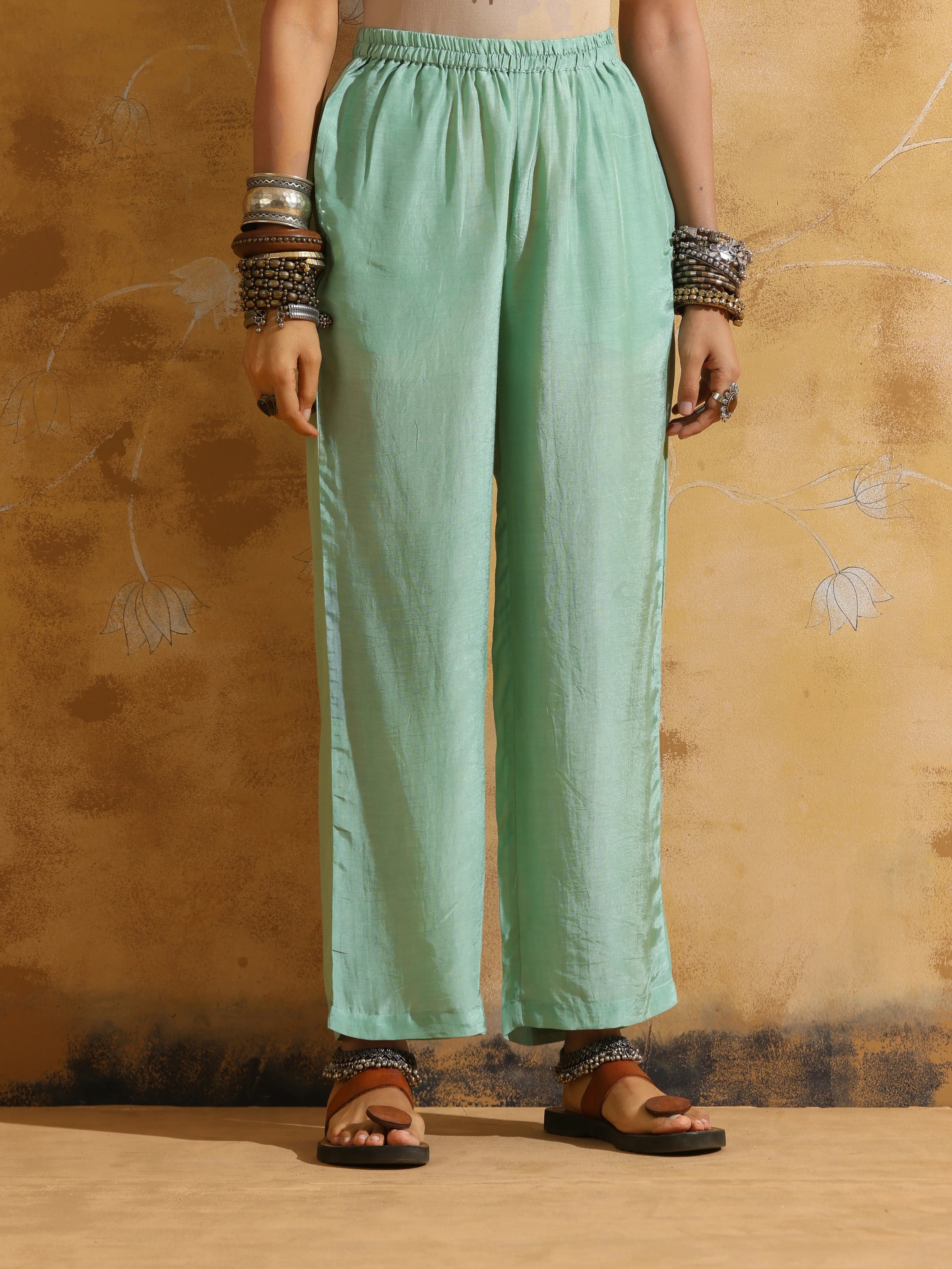 trueBrowns Mint Green Muslin Silk High-Slit Kurta Pant Set