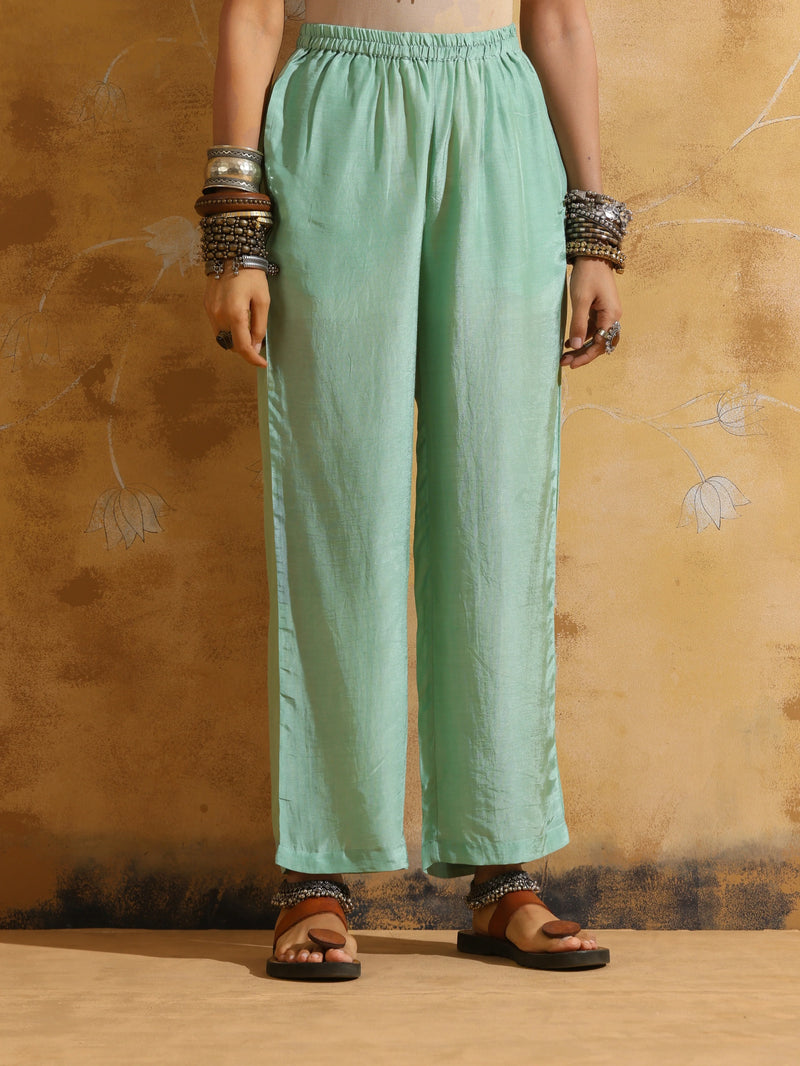 trueBrowns Mint Green Muslin Silk High-Slit Kurta Pant Set