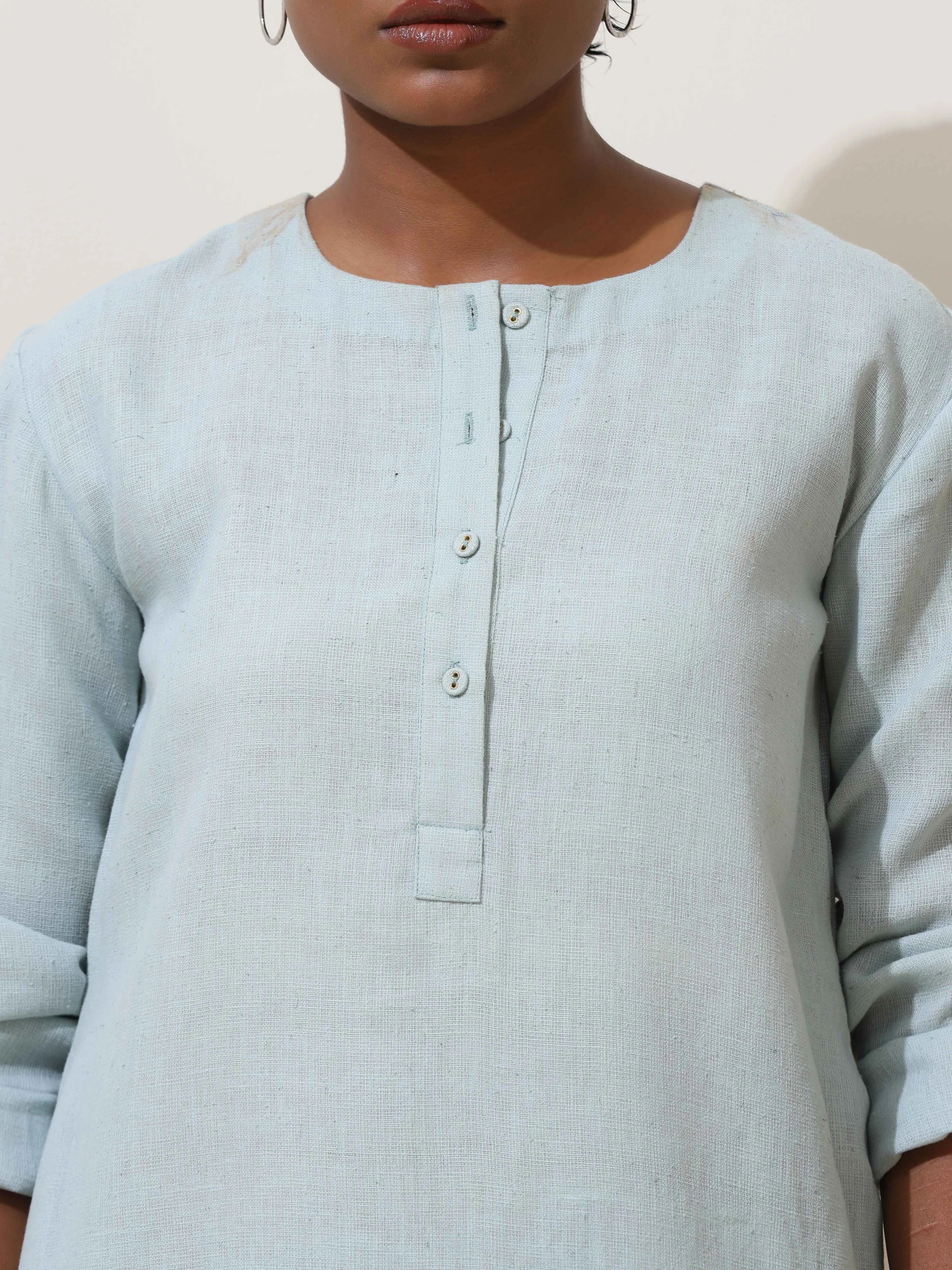 trueBrowns Ciel Blue Crochet Natural Cotton Kurta Co-ord Set