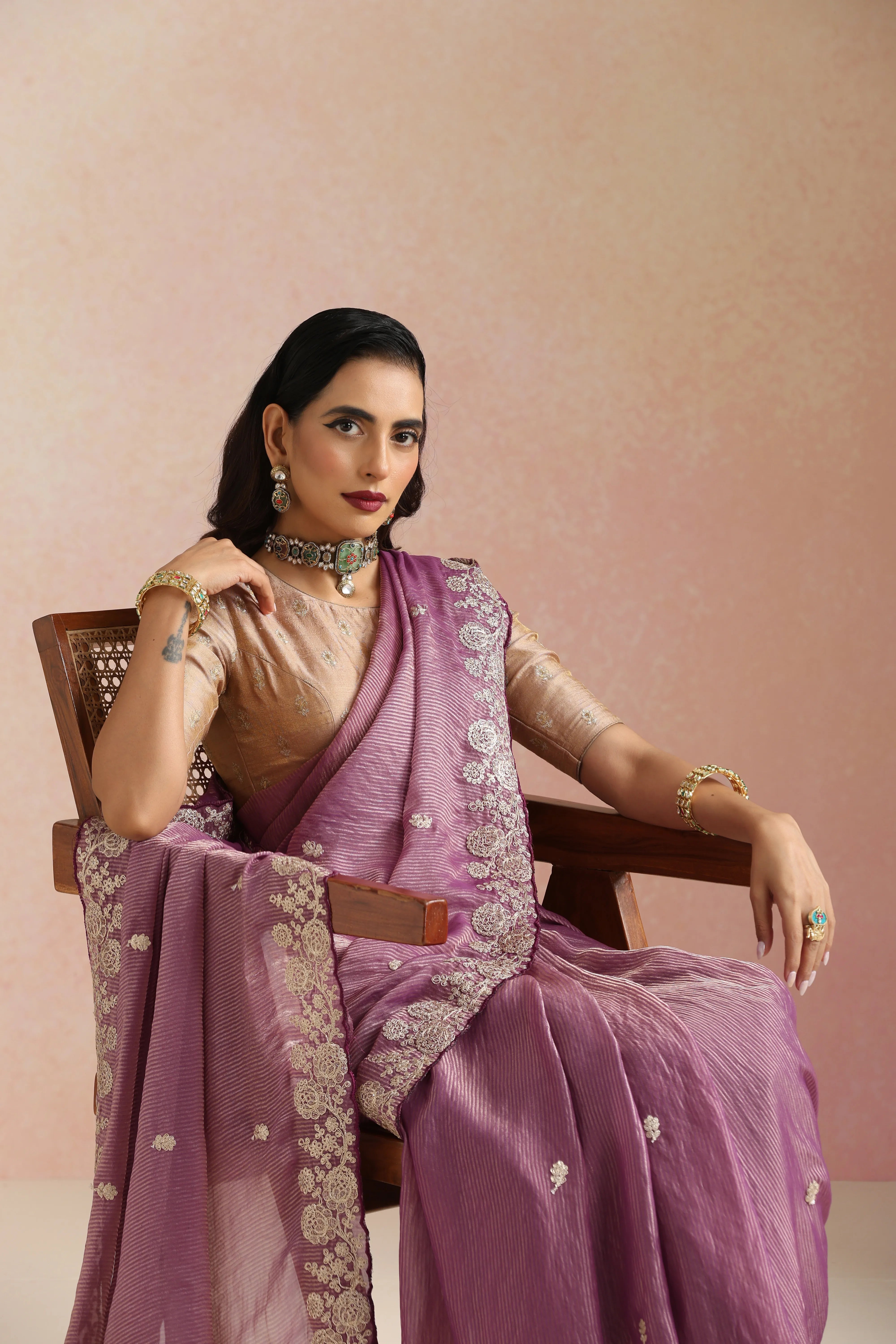 trueBrowns Purple Tissue Stripe Embroidery Weave Saree With Unstitched Blouse