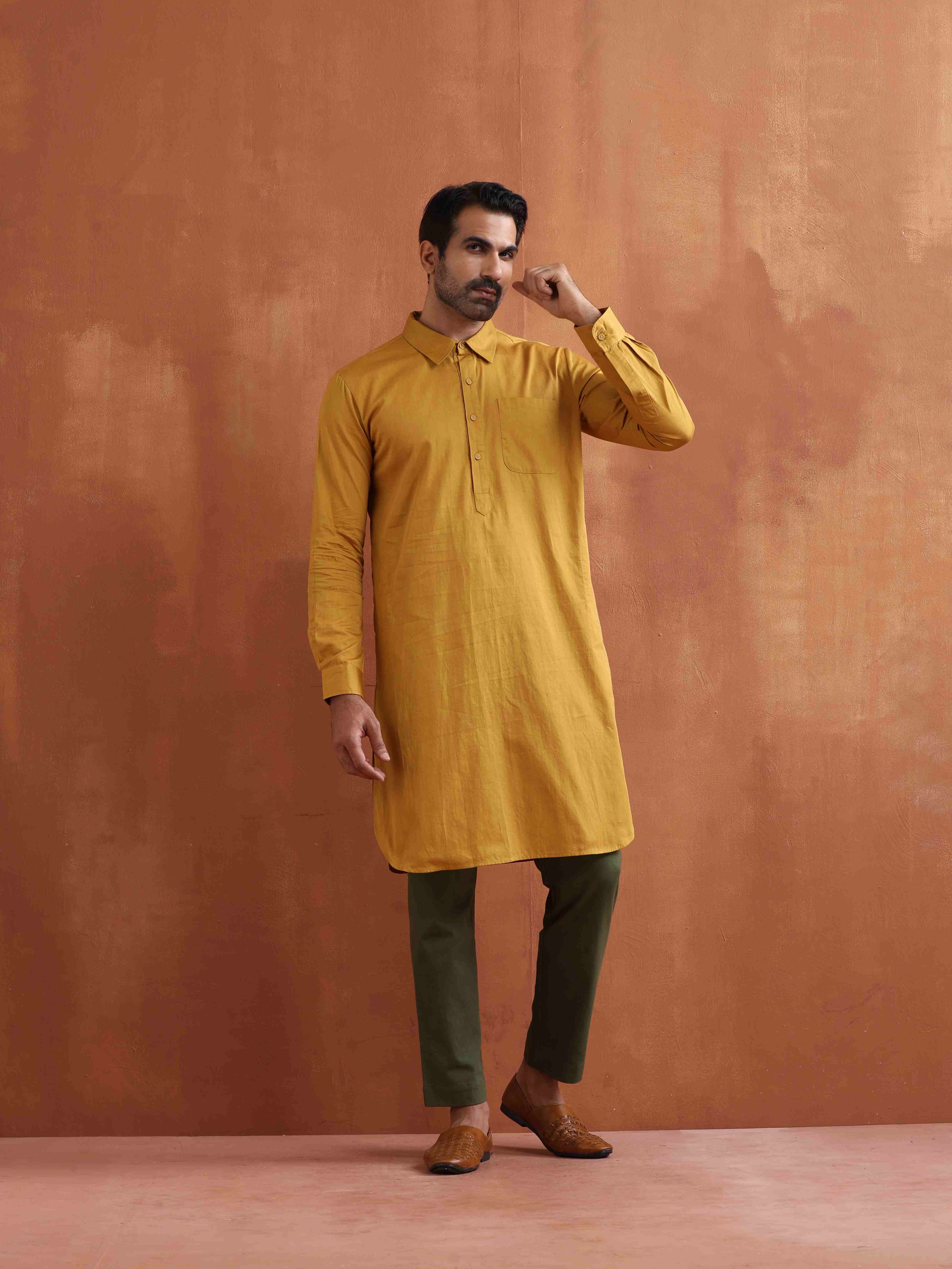 trueBrowns Men's Mustard Cotton Kurta