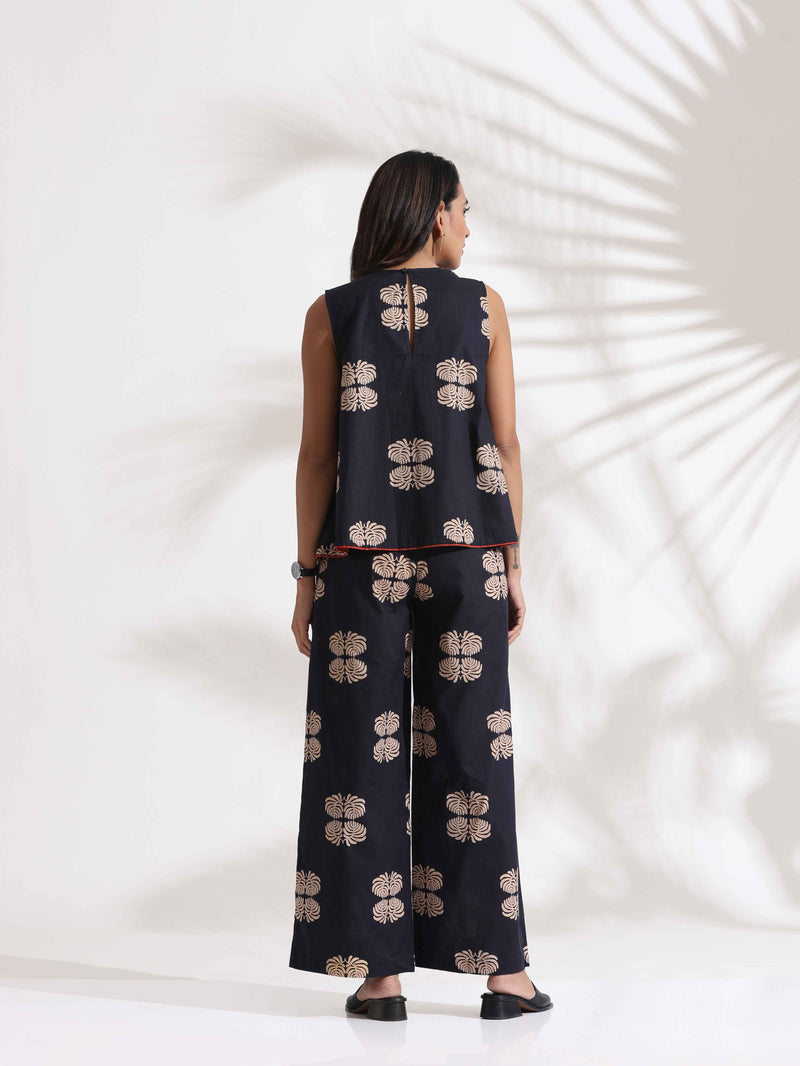 trueBrowns Black Cotton Print Top & Flared Pants Co-ord Set