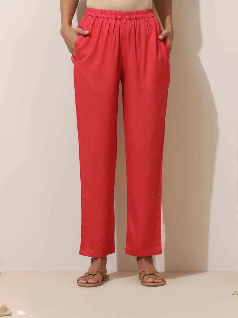 trueBrowns Coral Viscose Solid Kurta Pant Set