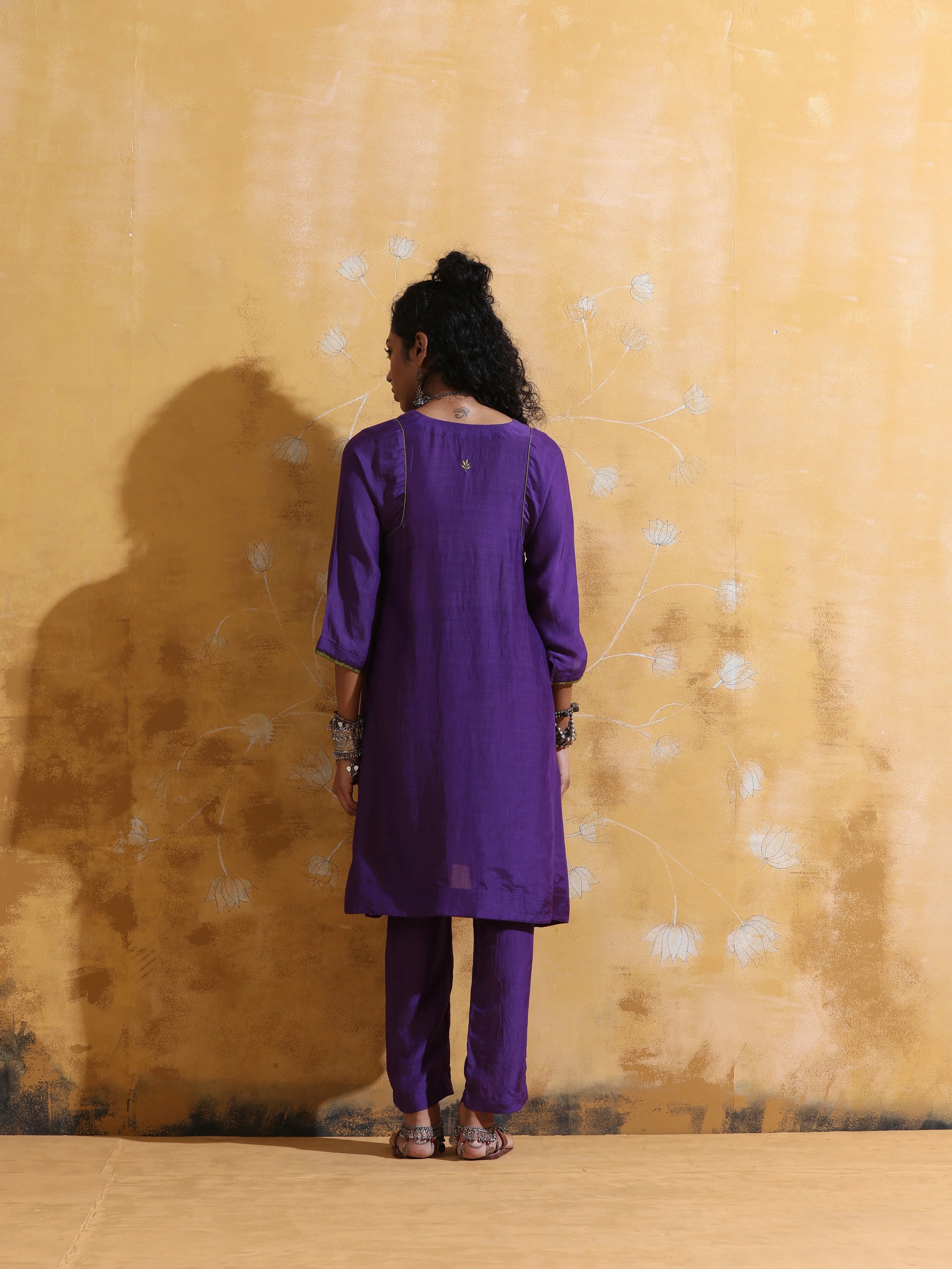 trueBrowns Purple Muslin Silk A-line Kurta Co-ord Set