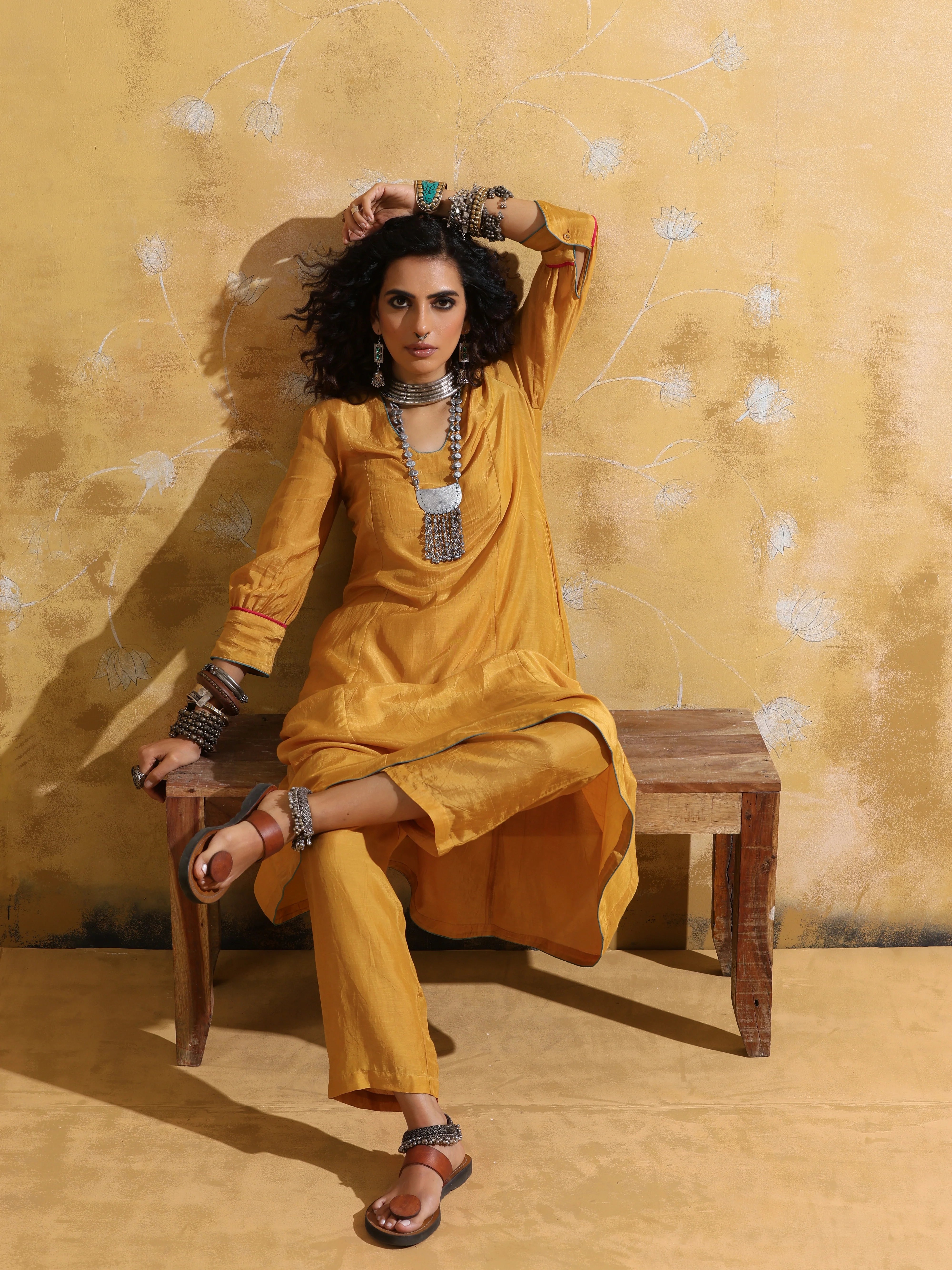 trueBrowns Mustard Muslin Silk A-line Kurta Pant Set