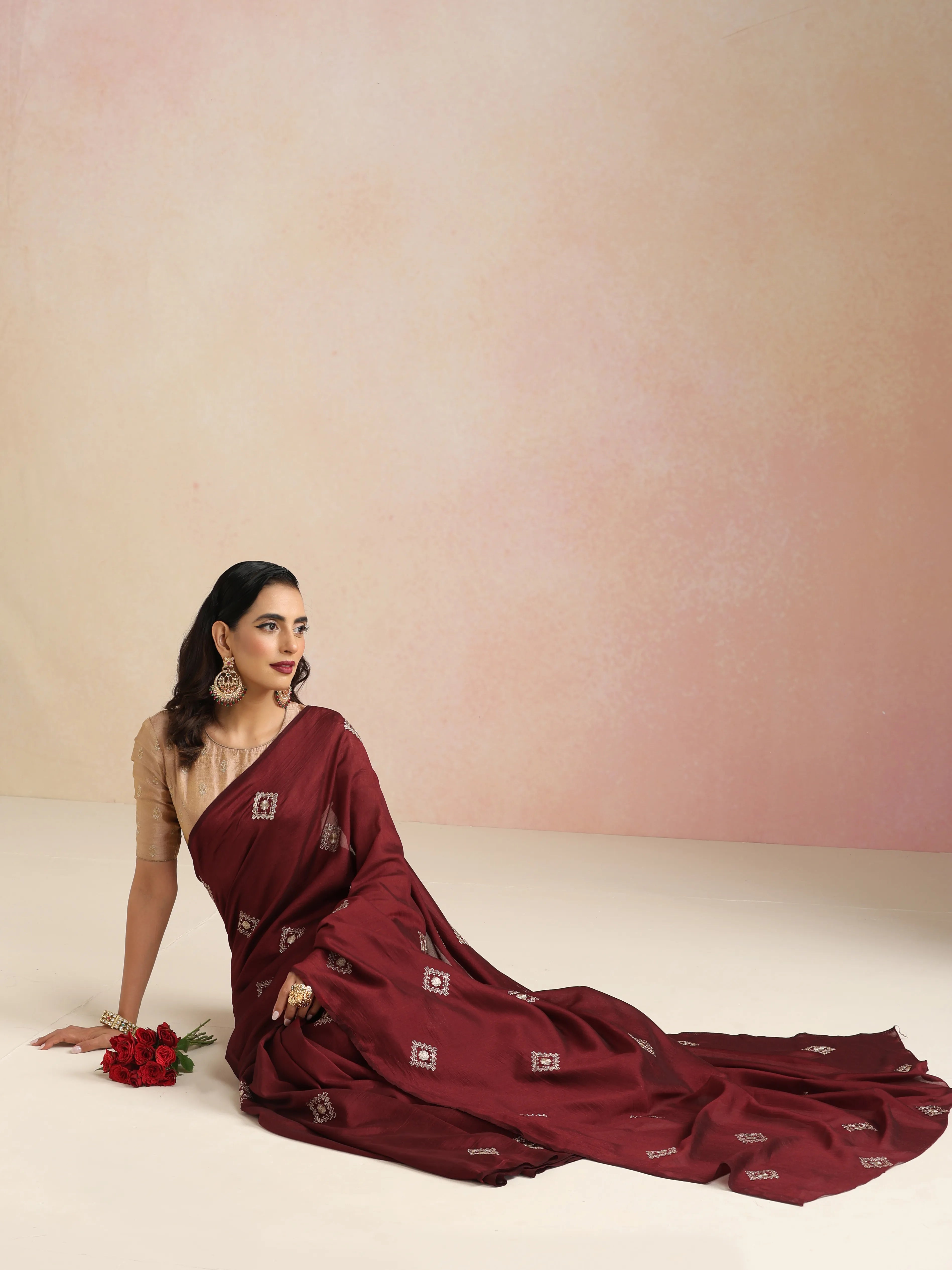trueBrowns Maroon Diamond Embroidered Saree With Unstitched Blouse