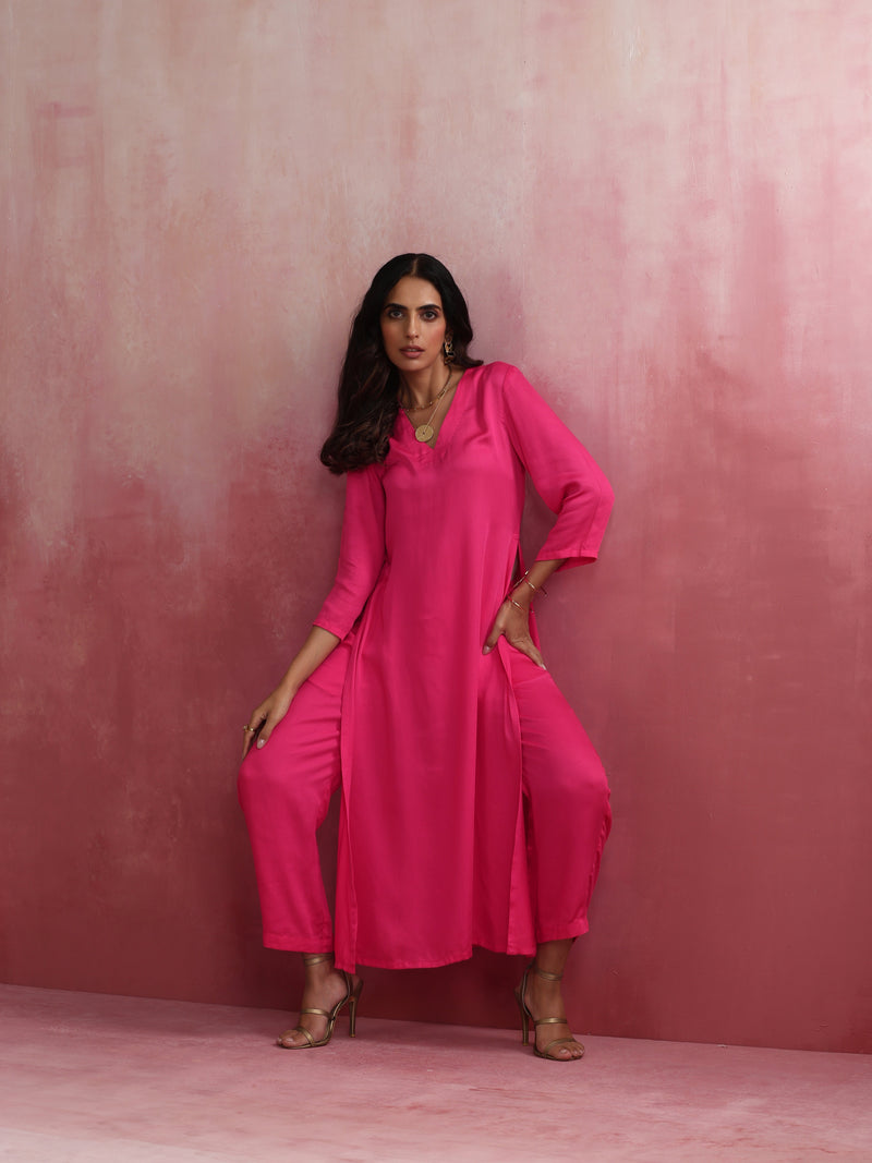 trueBrowns Pink Modal High Slit Kurta Set