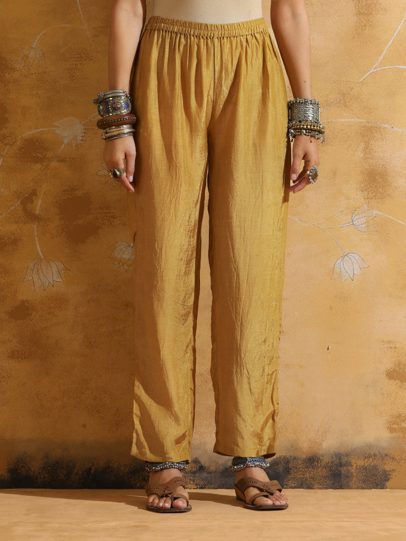 trueBrowns Red Mustard Jaal Print Muslin SIlk A-Line Co-ord Set
