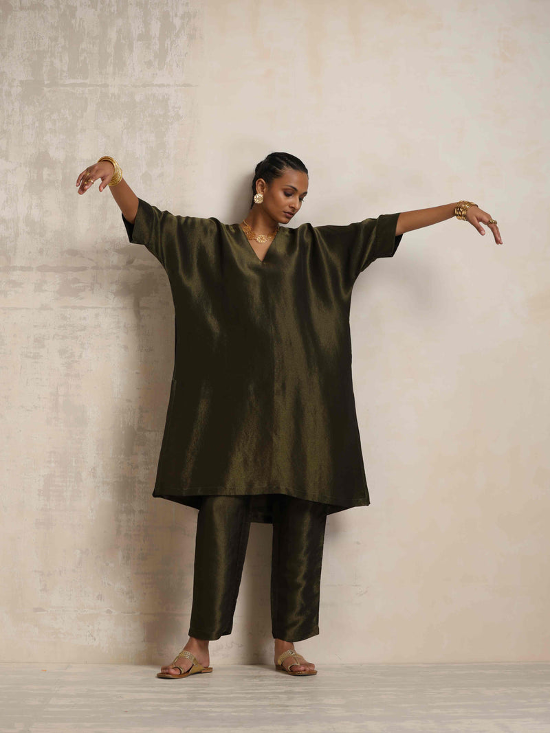 trueBrowns Olive Green Tissue Kurta Co-ord Set