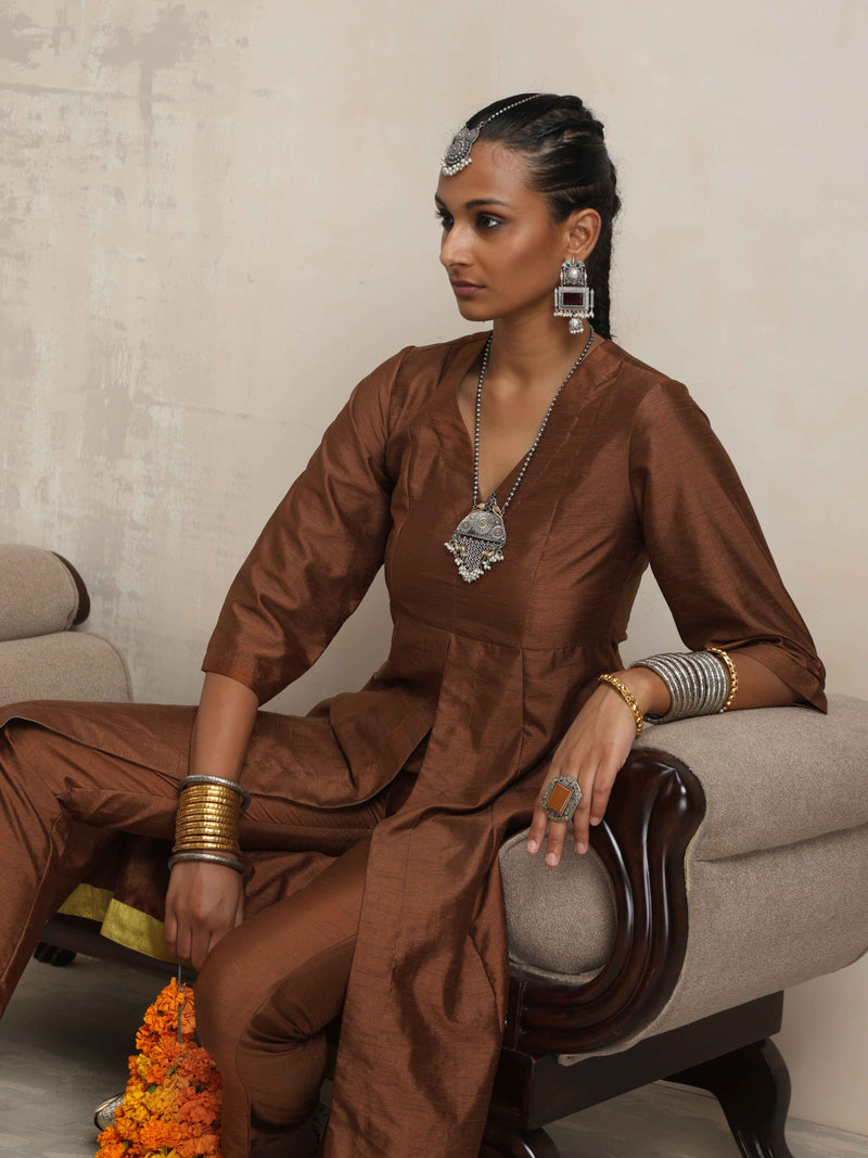 trueBrowns Brown Silk Slit Kurta Set