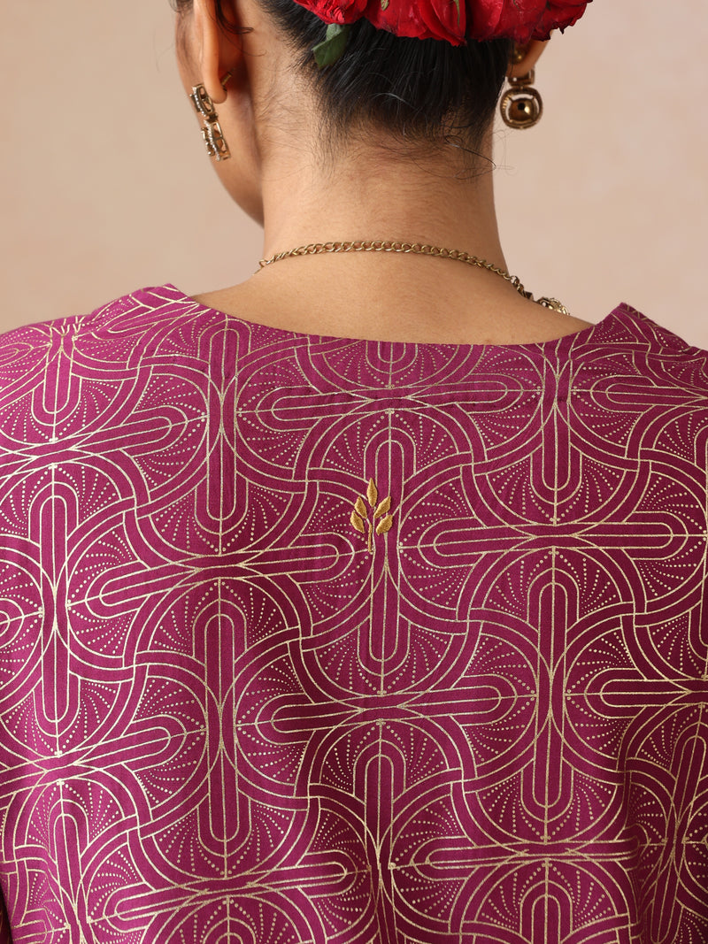 trueBrowns Magenta Gold Foil Print Muslin Silk Sharara Set