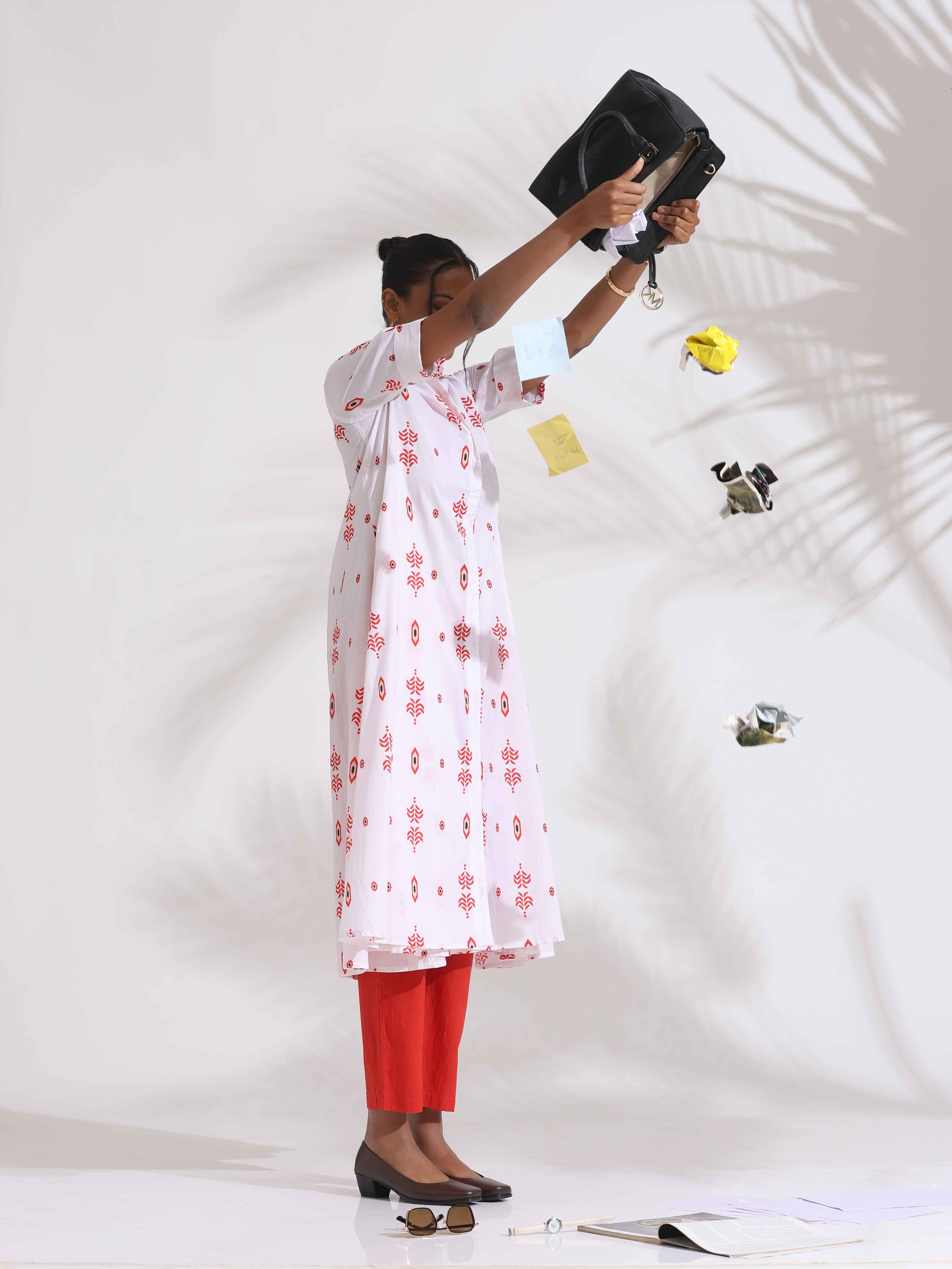 trueBrowns White Cotton Print Flared Kurta Set