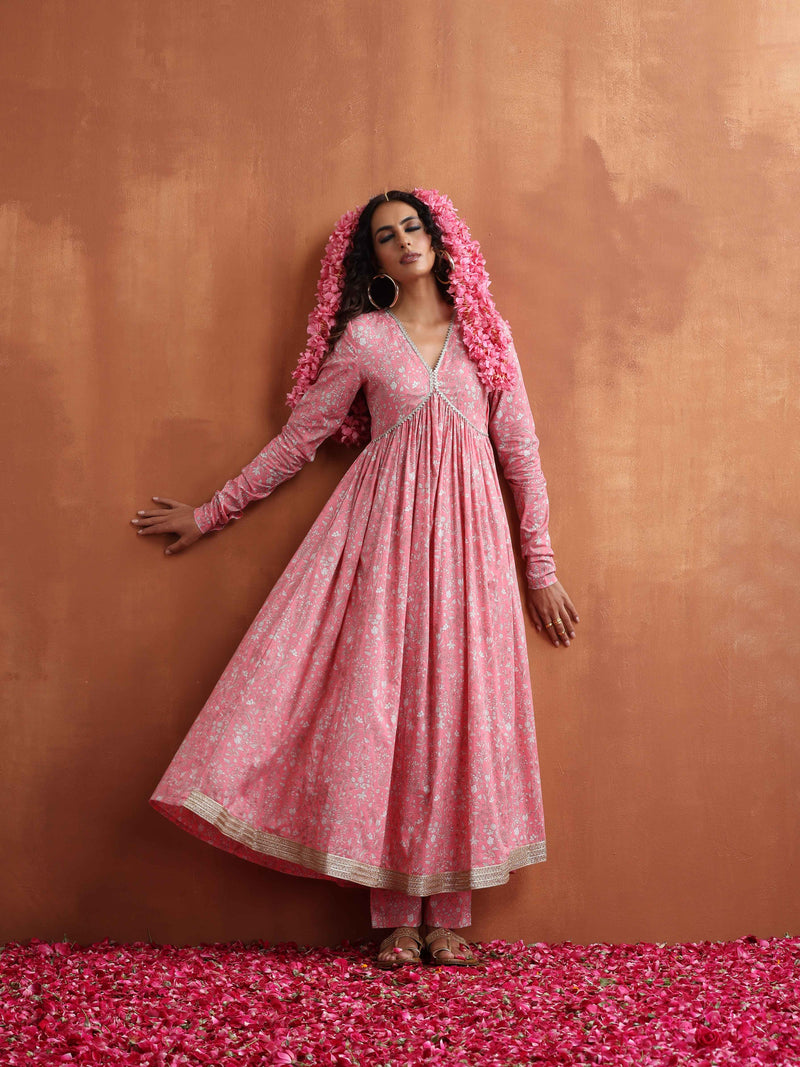 trueBrowns Pink Print Flared Anarkali Kurta Set