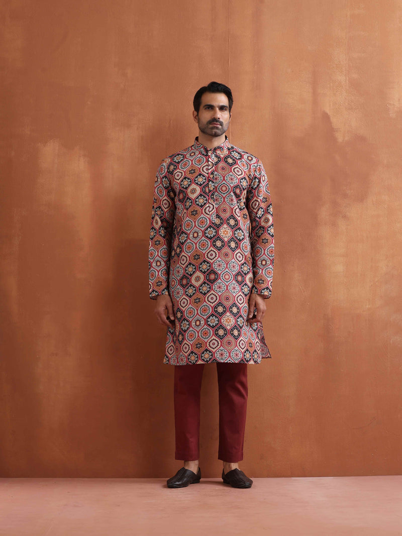 trueBrowns Men's Rust Geometric Printed Kurta