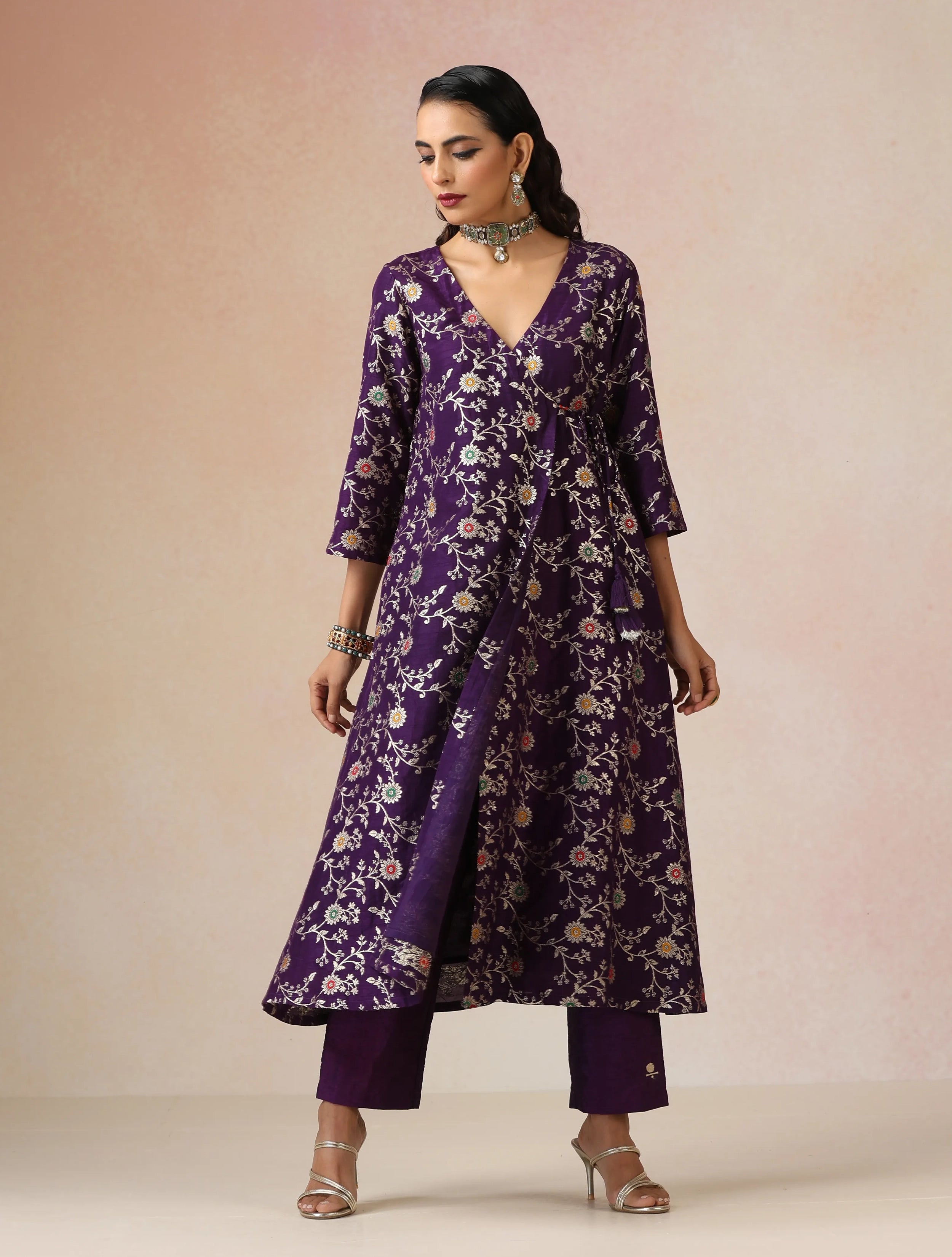  trueBrowns Purple Brocade Angrakha Kurta Set