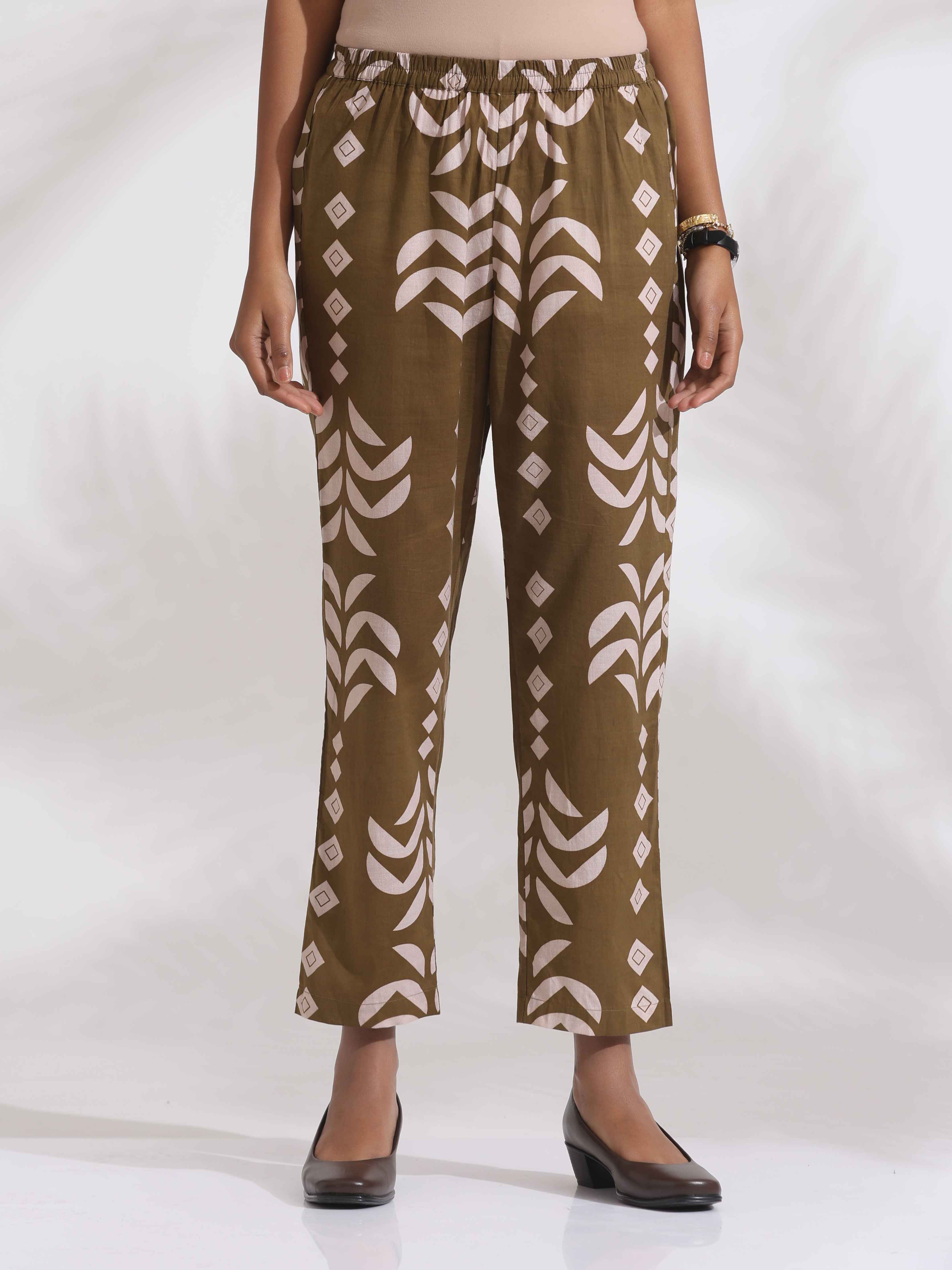 trueBrowns Olive Green Cotton Stripe Print Shirt Kurta Set