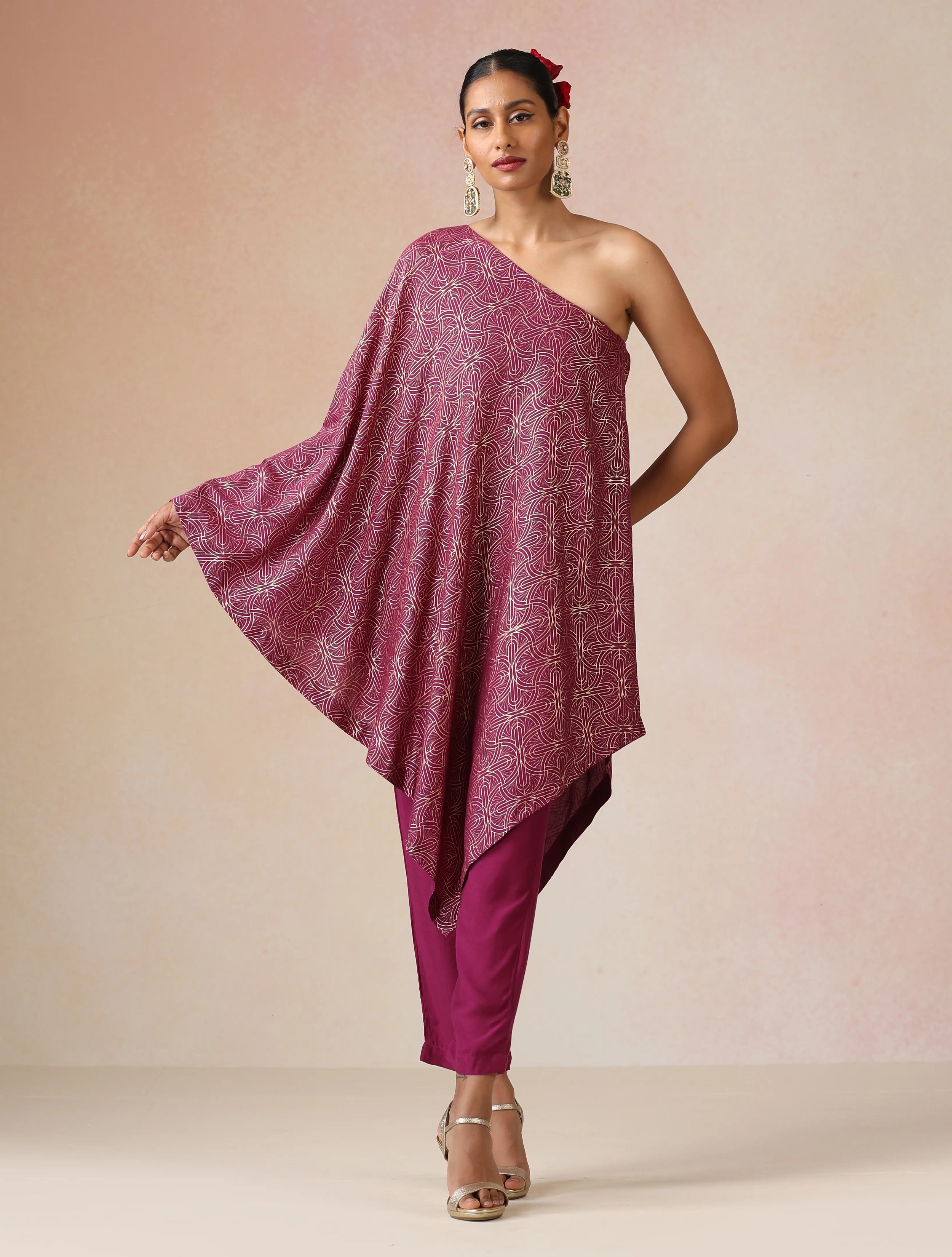 trueBrowns Magenta Gold Foil Print Muslin Silk Asymmetric One-Shoulder Kurta Co-ord Set