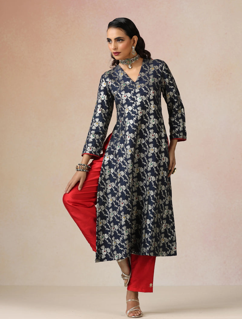 trueBrowns Blue Brocade Straight High-Slit Kurta Set