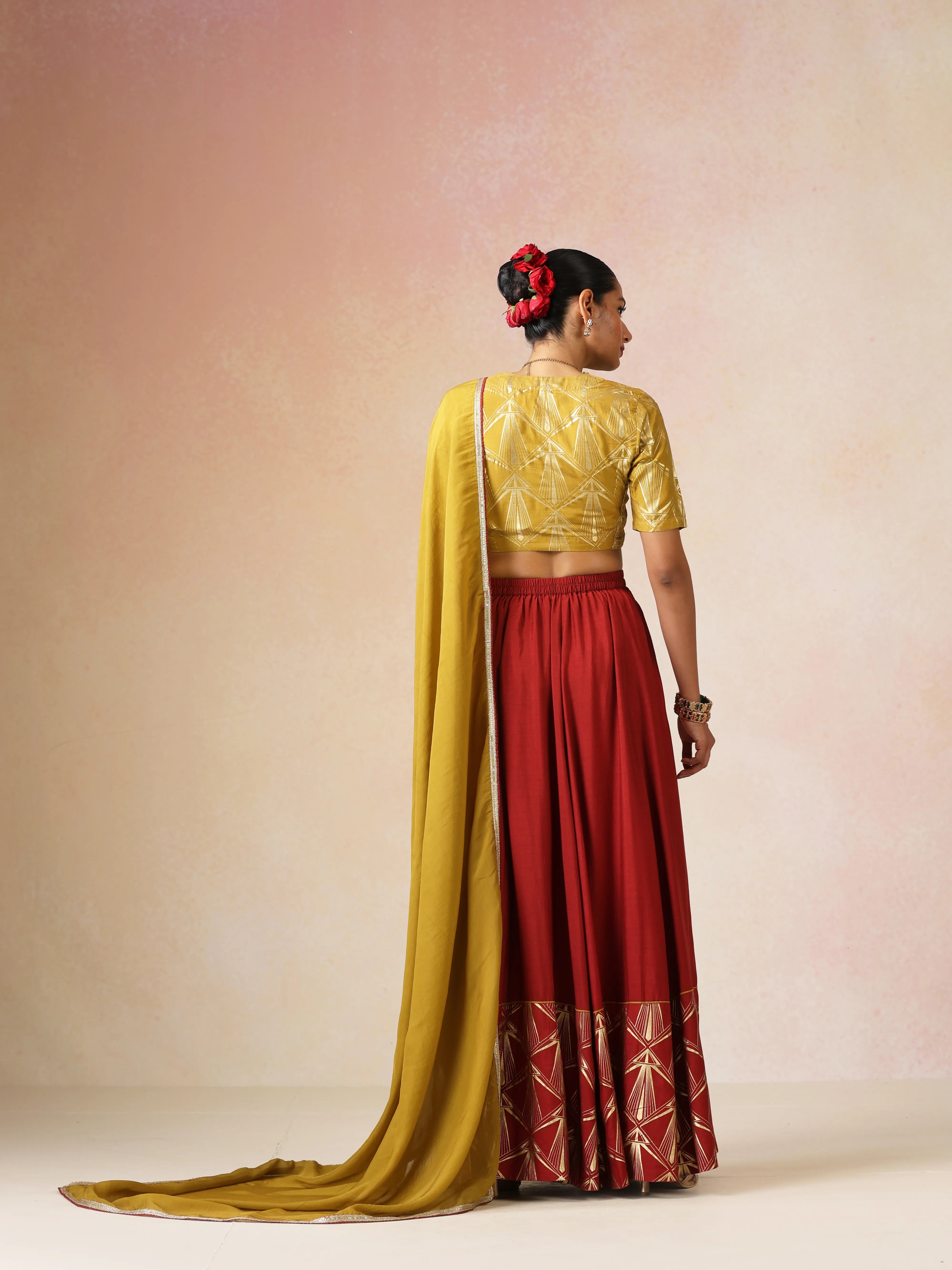 trueBrowns Mustard Gold Foil Print Muslin Silk Blouse Skirt Dupatta Set