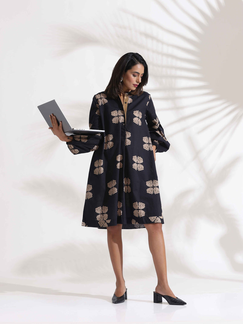 trueBrowns Black Cotton Print Short Dress