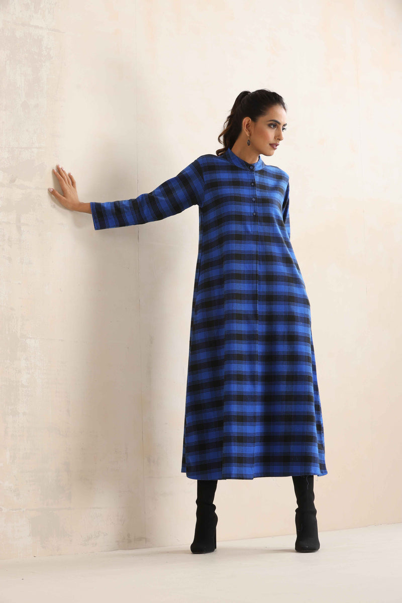 trueBrowns Blue Check Flared Winter Dress