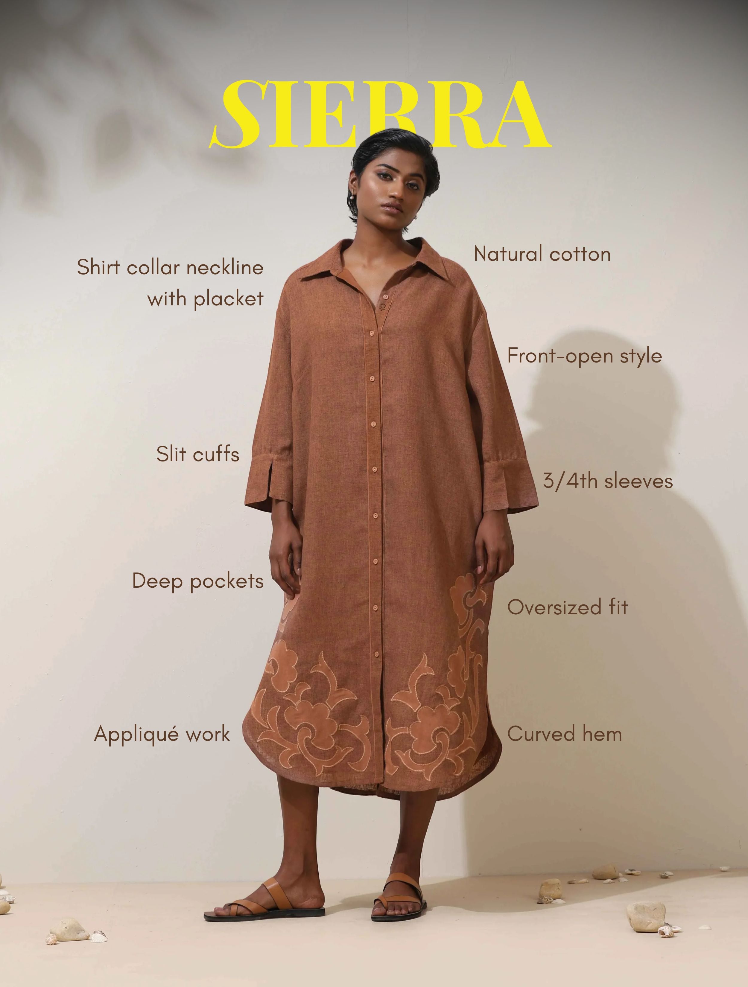 trueBrowns Sierra Brown Embroidered Natural Cotton Dress